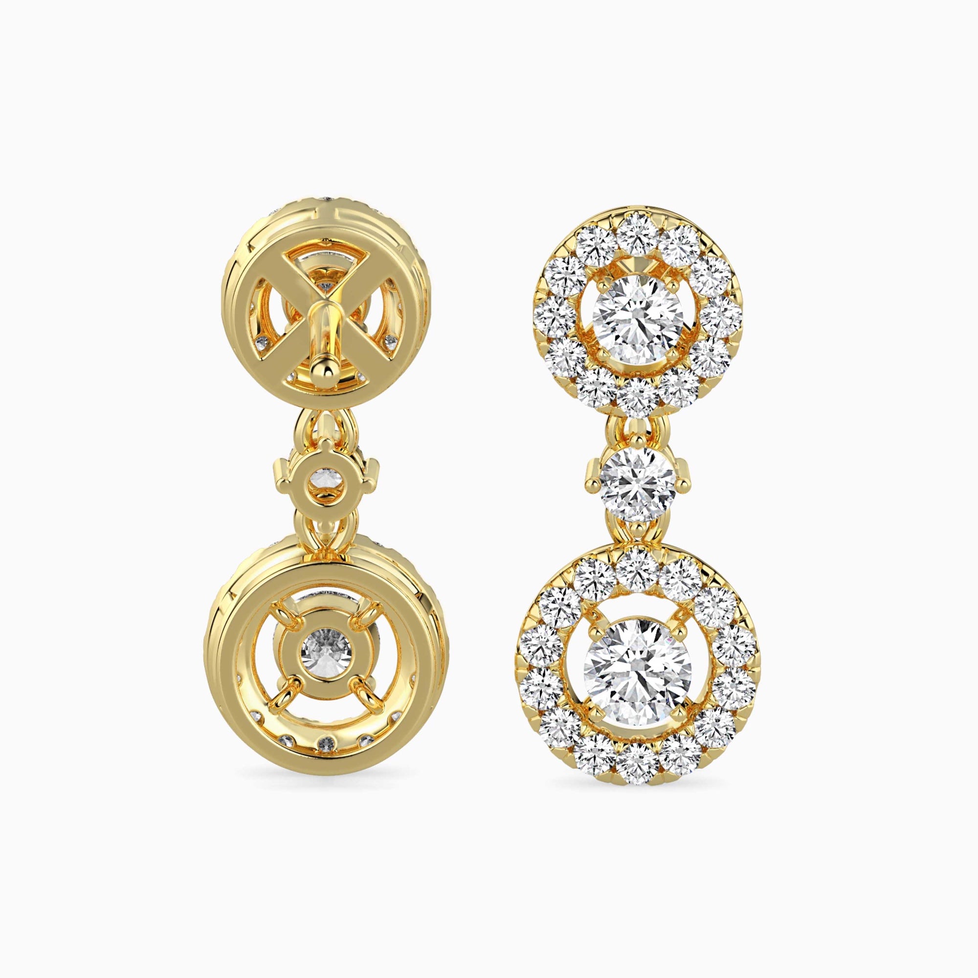 Round Brilliant Cut Lab-Grown Diamond Halo Drop Earrings in Yellow Gold