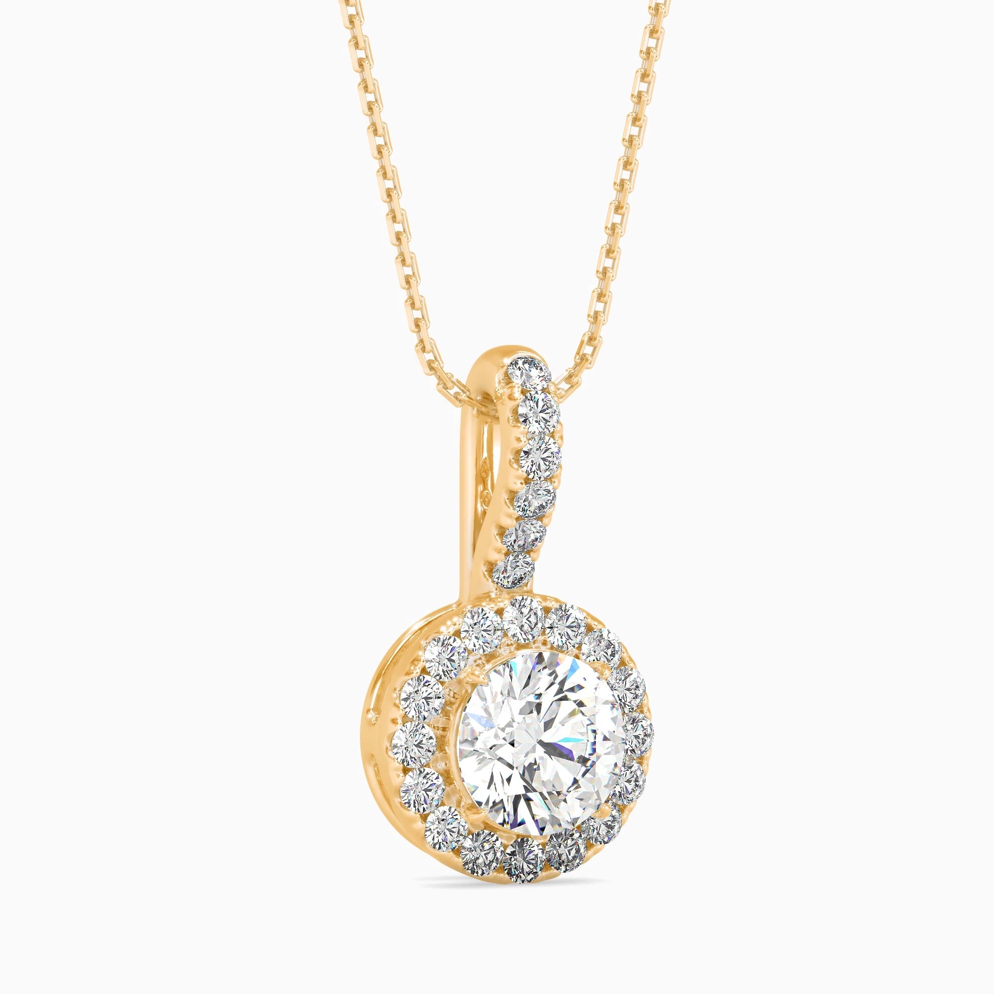 Round Brilliant Cut Lab-Grown Diamond Halo Pendant in Yellow Gold