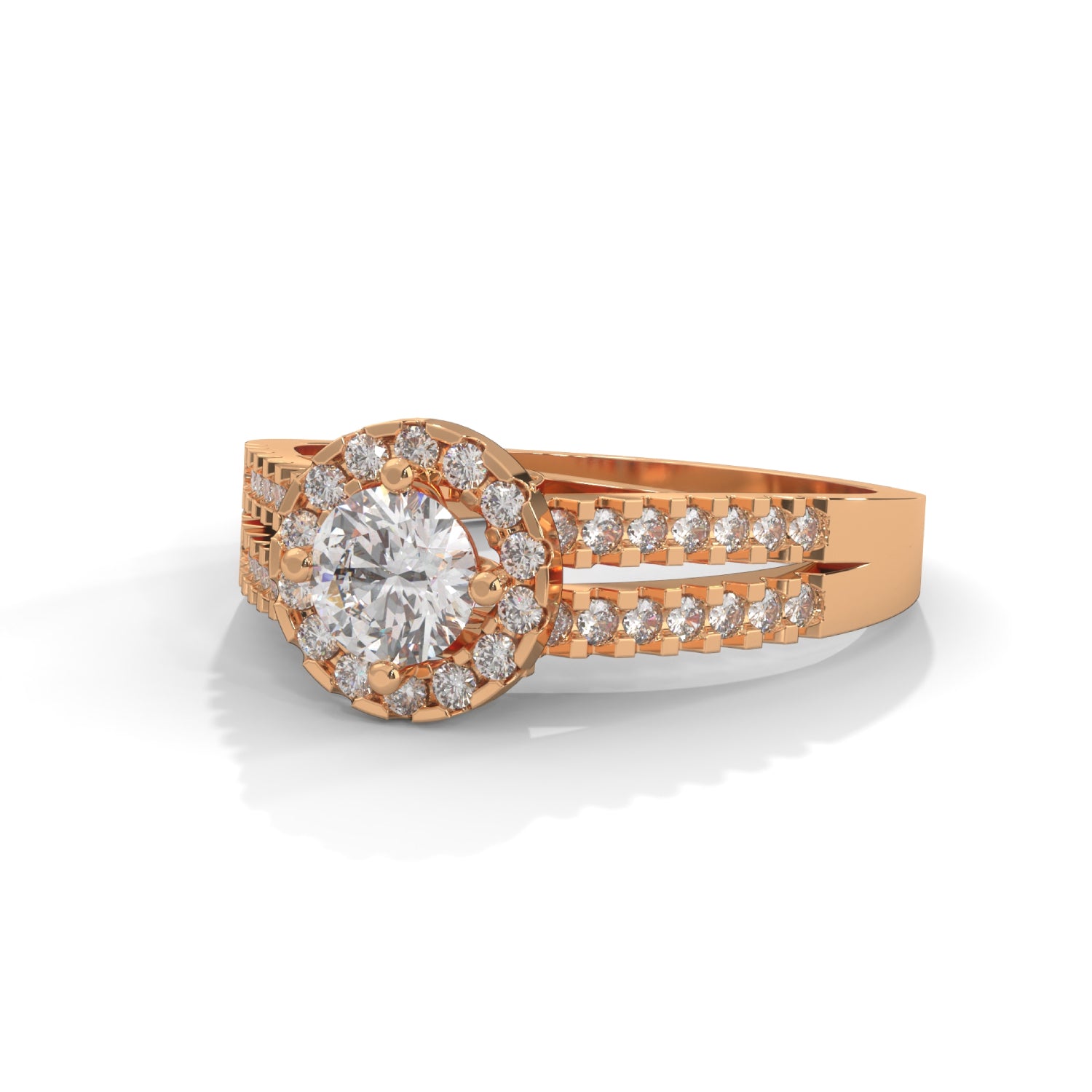 Round Brilliant Cut Lab-Grown Diamond Halo Split Shank Engagement Ring in Rose Gold