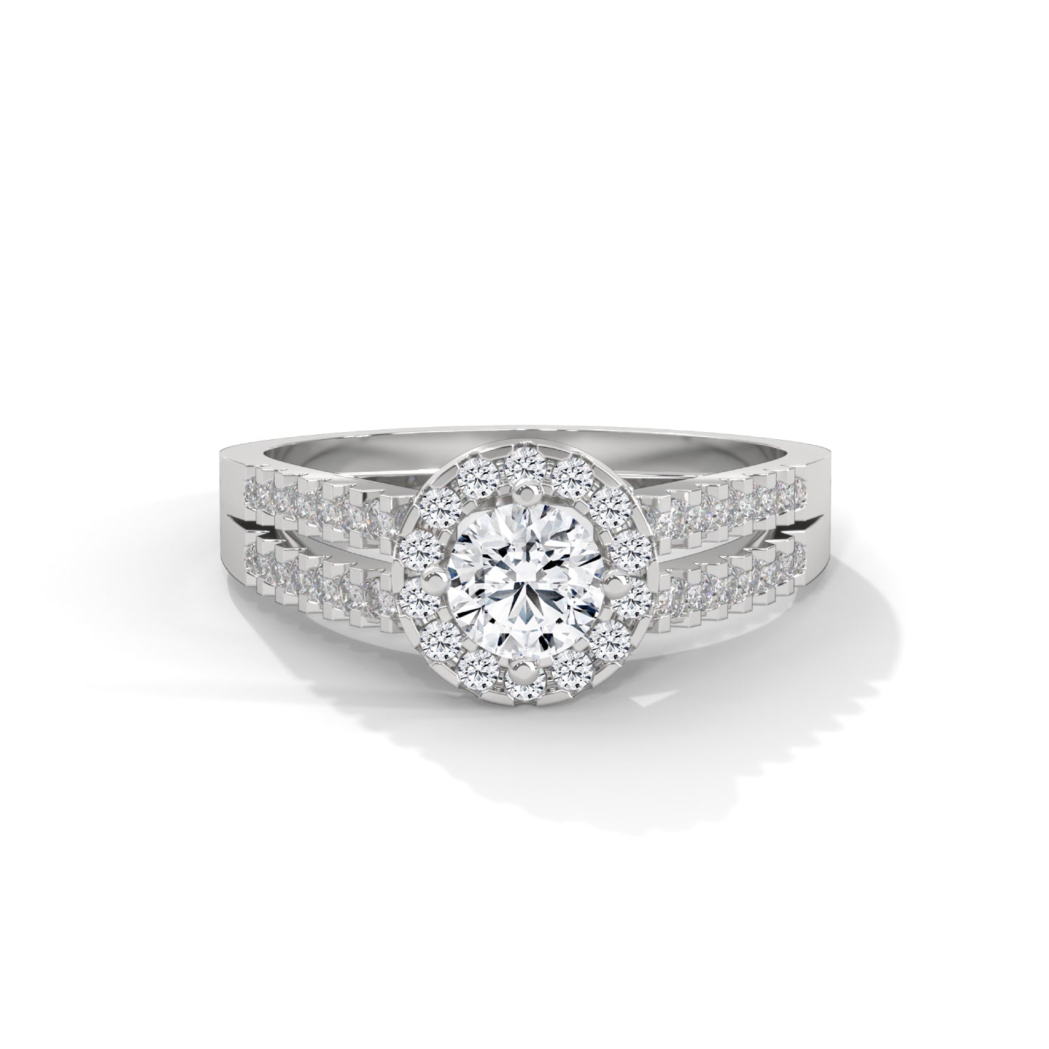 Round Brilliant Cut Lab-Grown Diamond Halo Split Shank Engagement Ring in White Gold