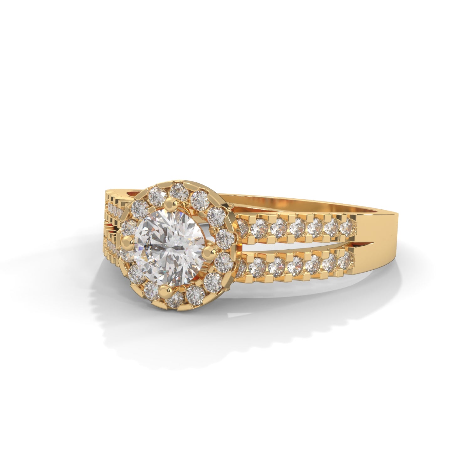 Round Brilliant Cut Lab-Grown Diamond Halo Split Shank Engagement Ring in Yellow Gold