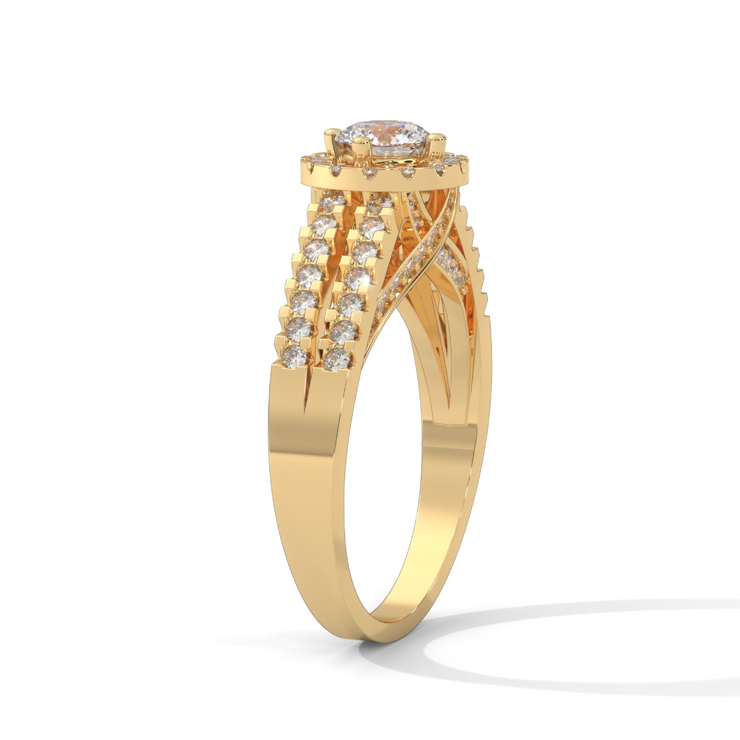 Round Brilliant Cut Lab-Grown Diamond Halo Split Shank Engagement Ring in Yellow Gold