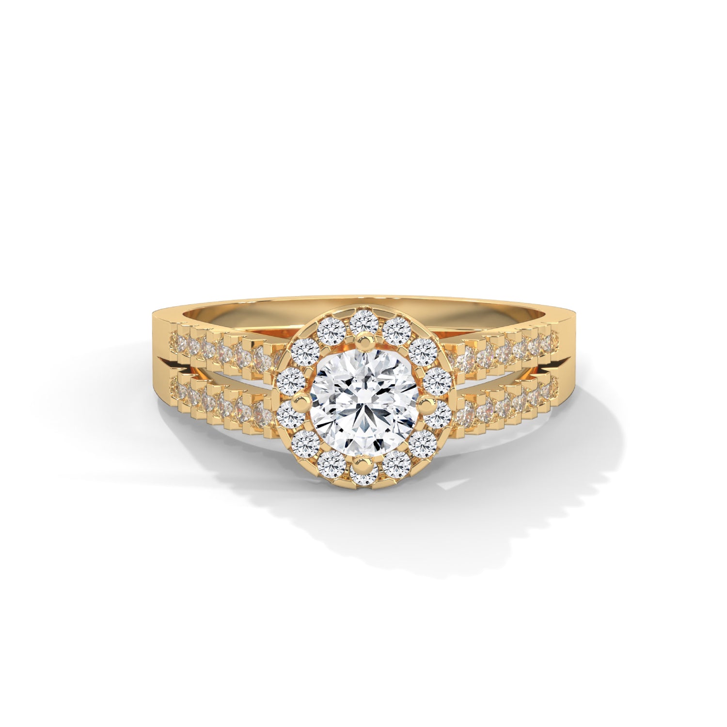 Round Brilliant Cut Lab-Grown Diamond Halo Split Shank Engagement Ring in Yellow Gold