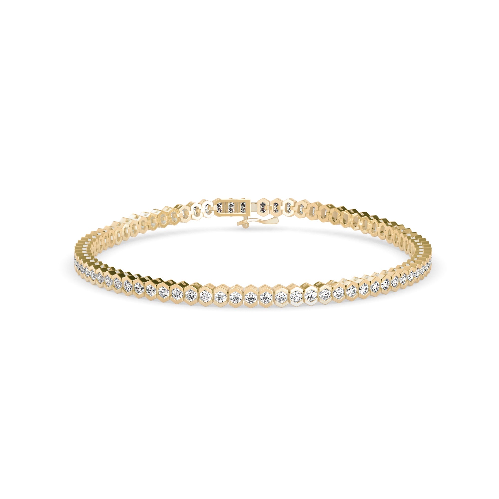 Round Brilliant Cut Lab-Grown Diamond Hexagon Bezel Tennis Bracelet
in Yellow Gold