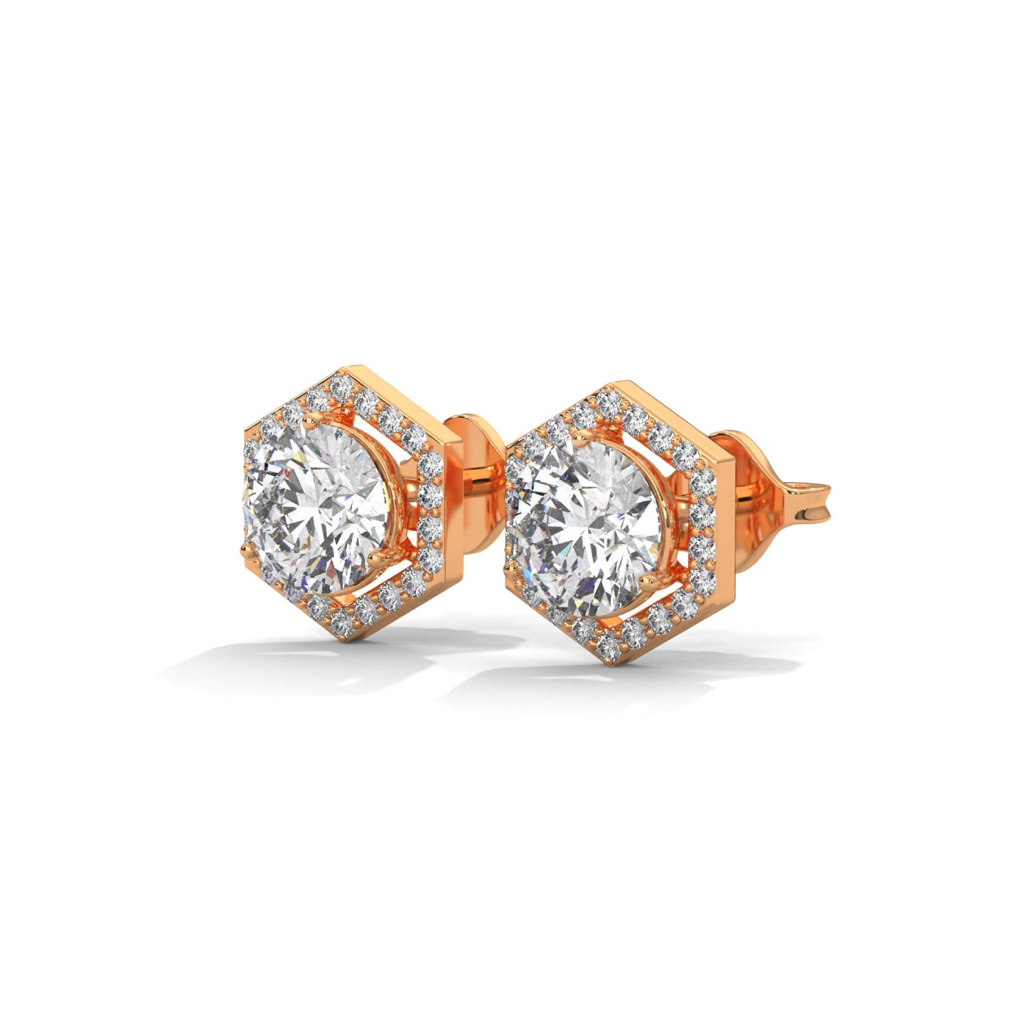 Round Brilliant Cut Lab-Grown Diamond Hexagonal Halo Stud Earrings in Rose Gold