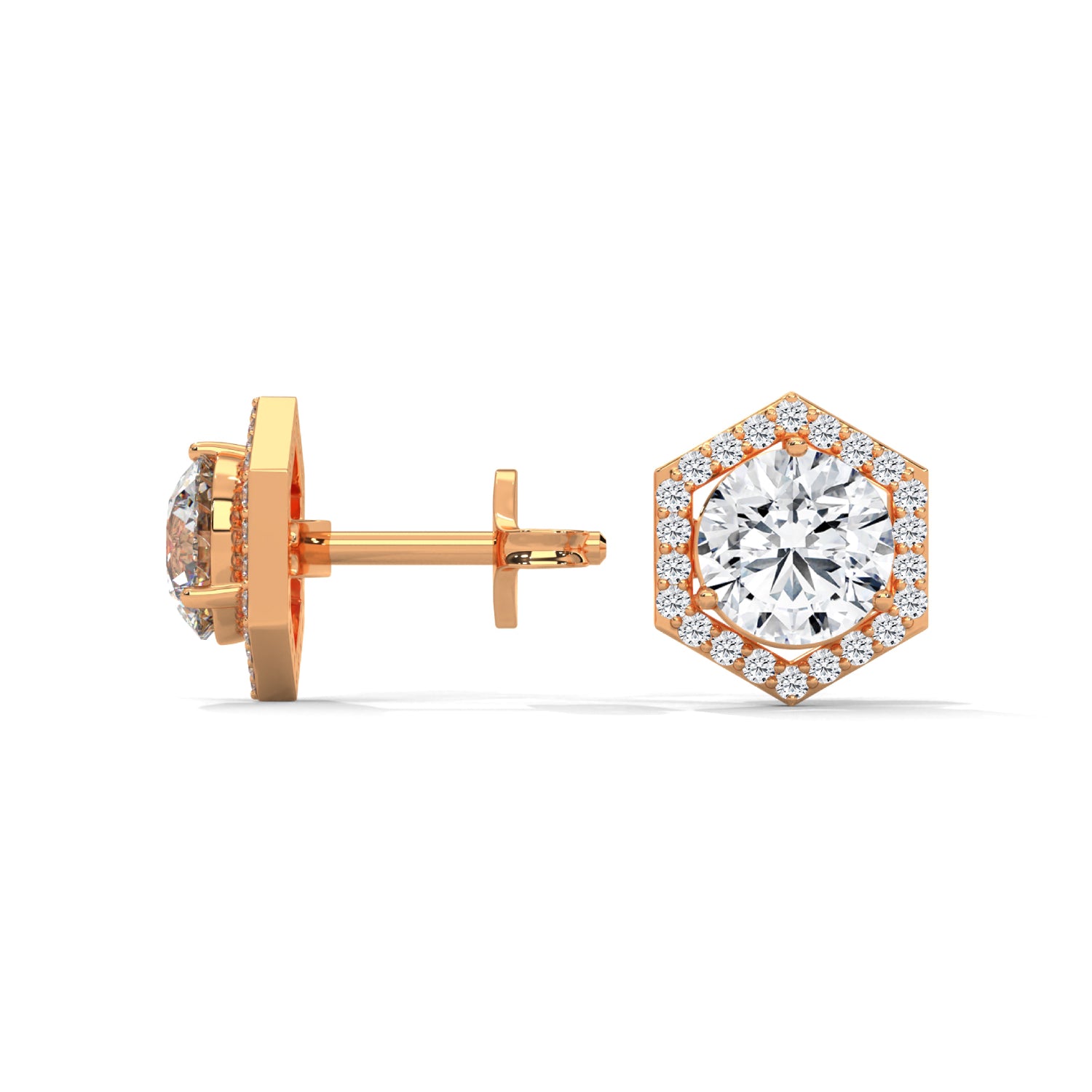Round Brilliant Cut Lab-Grown Diamond Hexagonal Halo Stud Earrings in Rose Gold