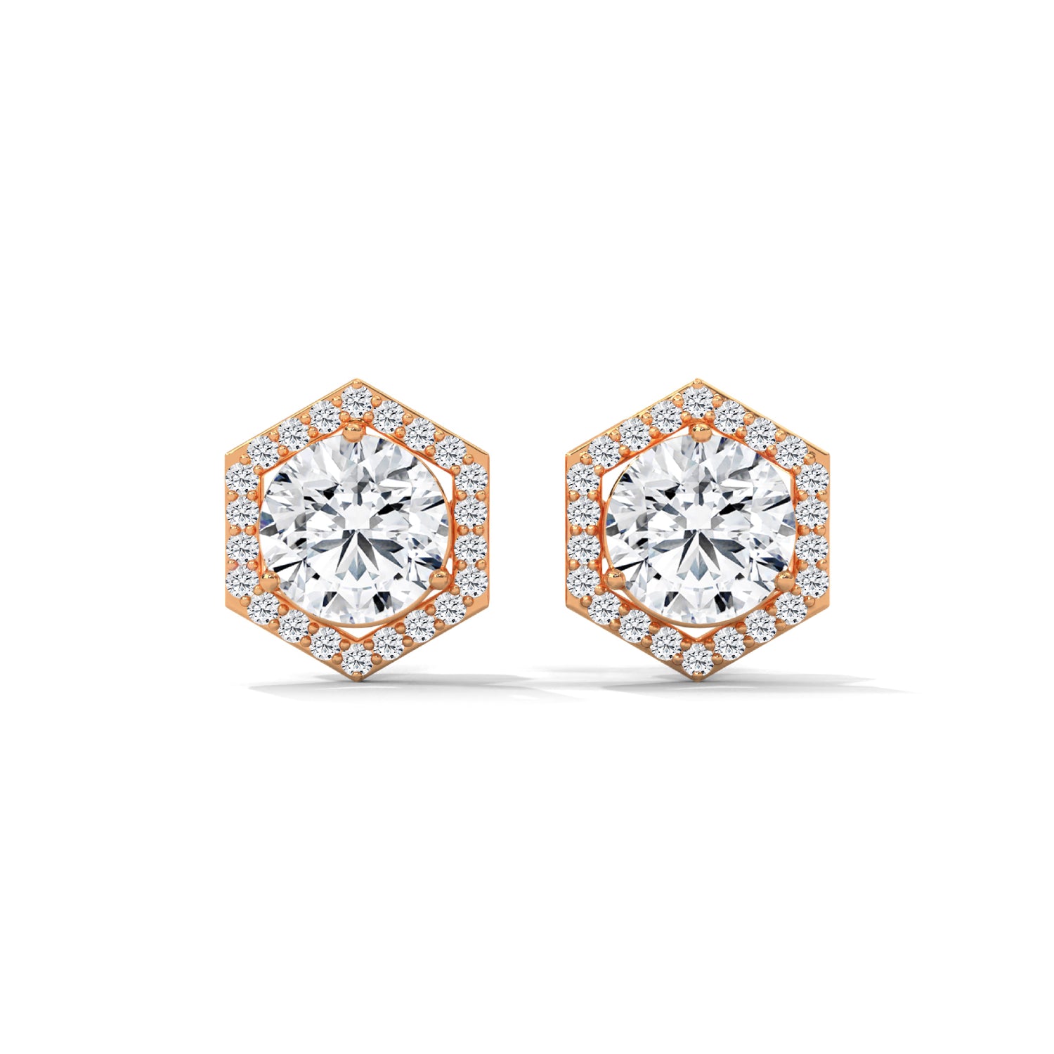 Round Brilliant Cut Lab-Grown Diamond Hexagonal Halo Stud Earrings in Rose Gold