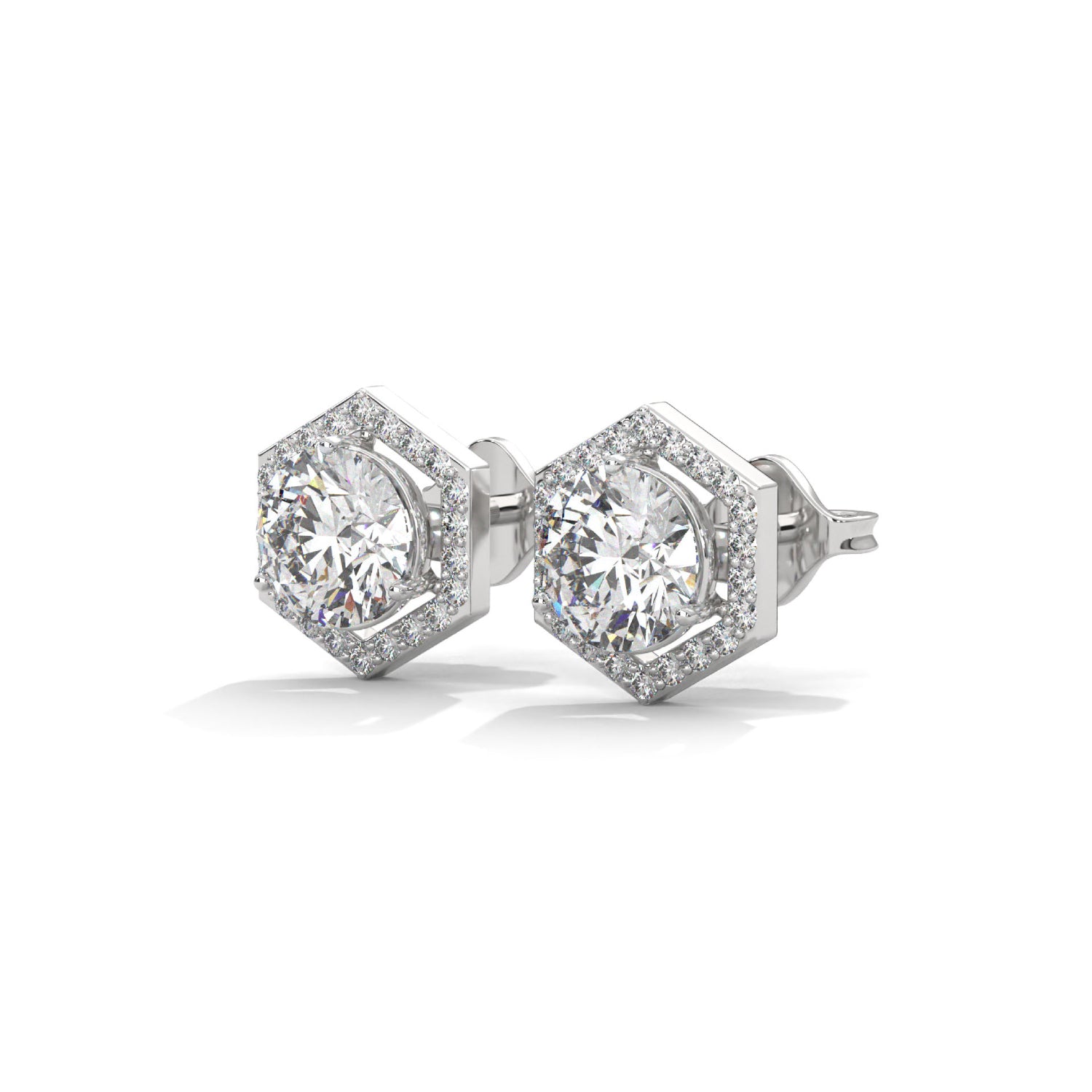 Round Brilliant Cut Lab-Grown Diamond Hexagonal Halo Stud Earrings in White Gold