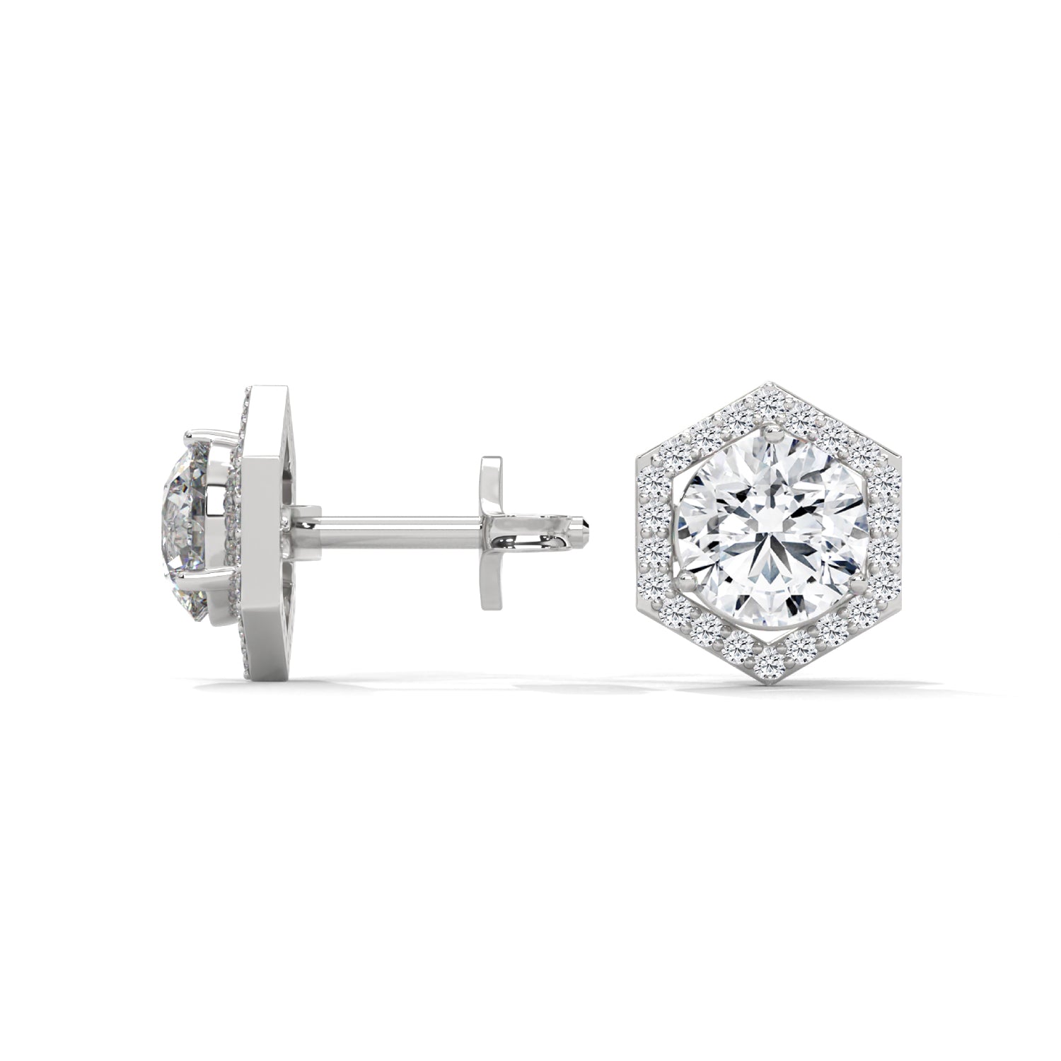 Round Brilliant Cut Lab-Grown Diamond Hexagonal Halo Stud Earrings in White Gold