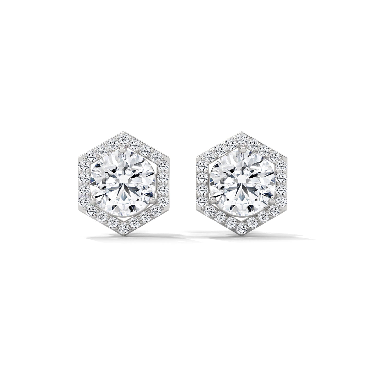 Round Brilliant Cut Lab-Grown Diamond Hexagonal Halo Stud Earrings in White Gold