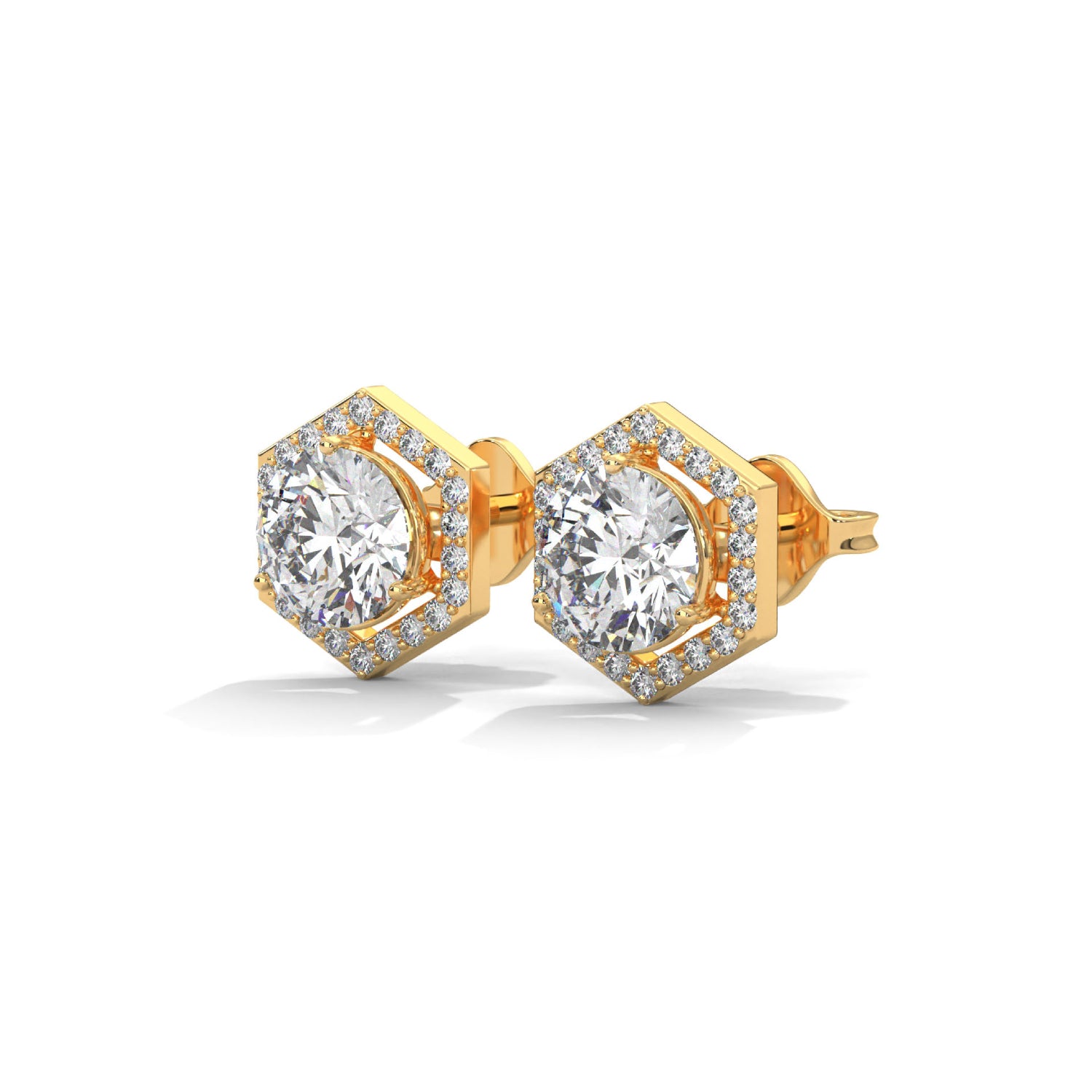 Round Brilliant Cut Lab-Grown Diamond Hexagonal Halo Stud Earrings in Yellow Gold