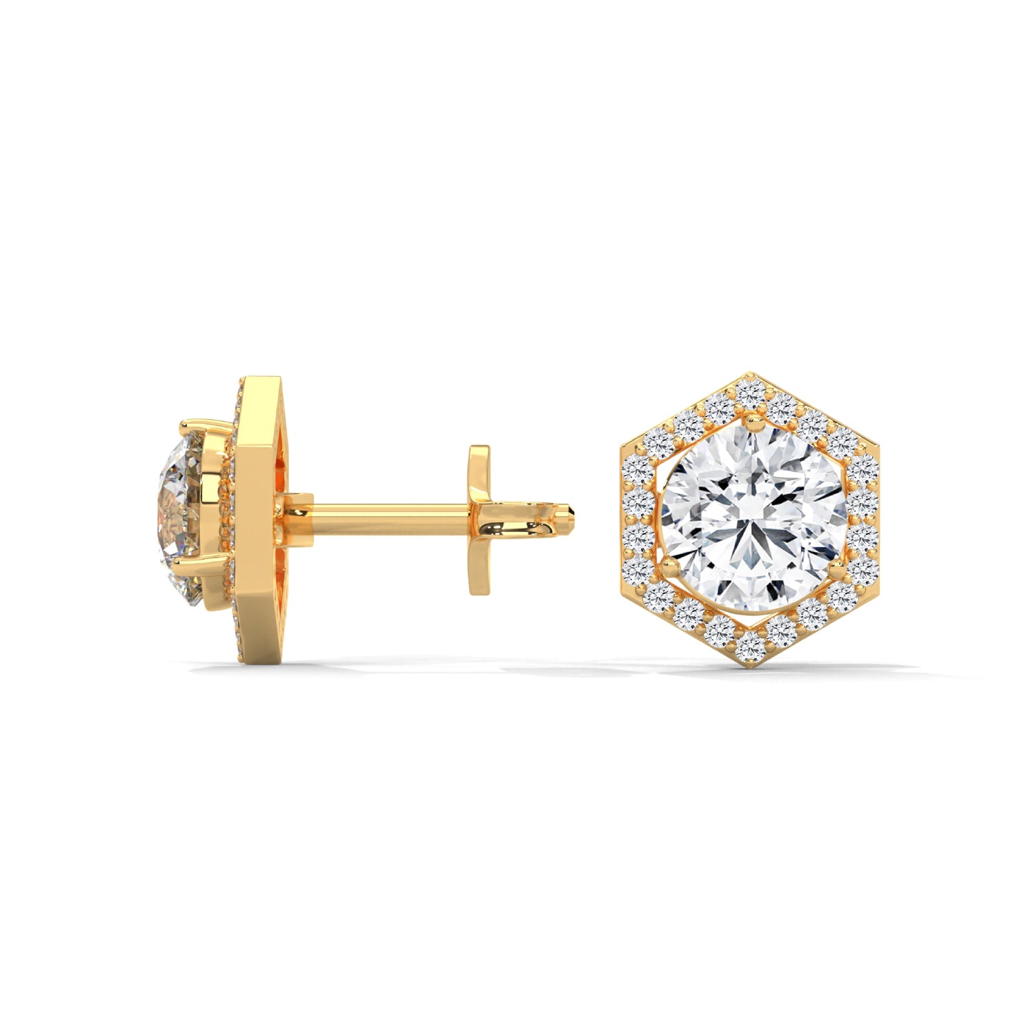 Round Brilliant Cut Lab-Grown Diamond Hexagonal Halo Stud Earrings in Yellow Gold