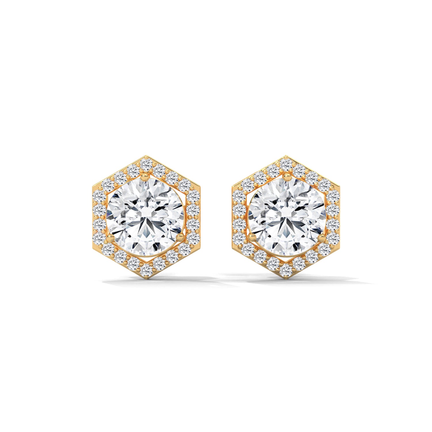 Round Brilliant Cut Lab-Grown Diamond Hexagonal Halo Stud Earrings in Yellow Gold