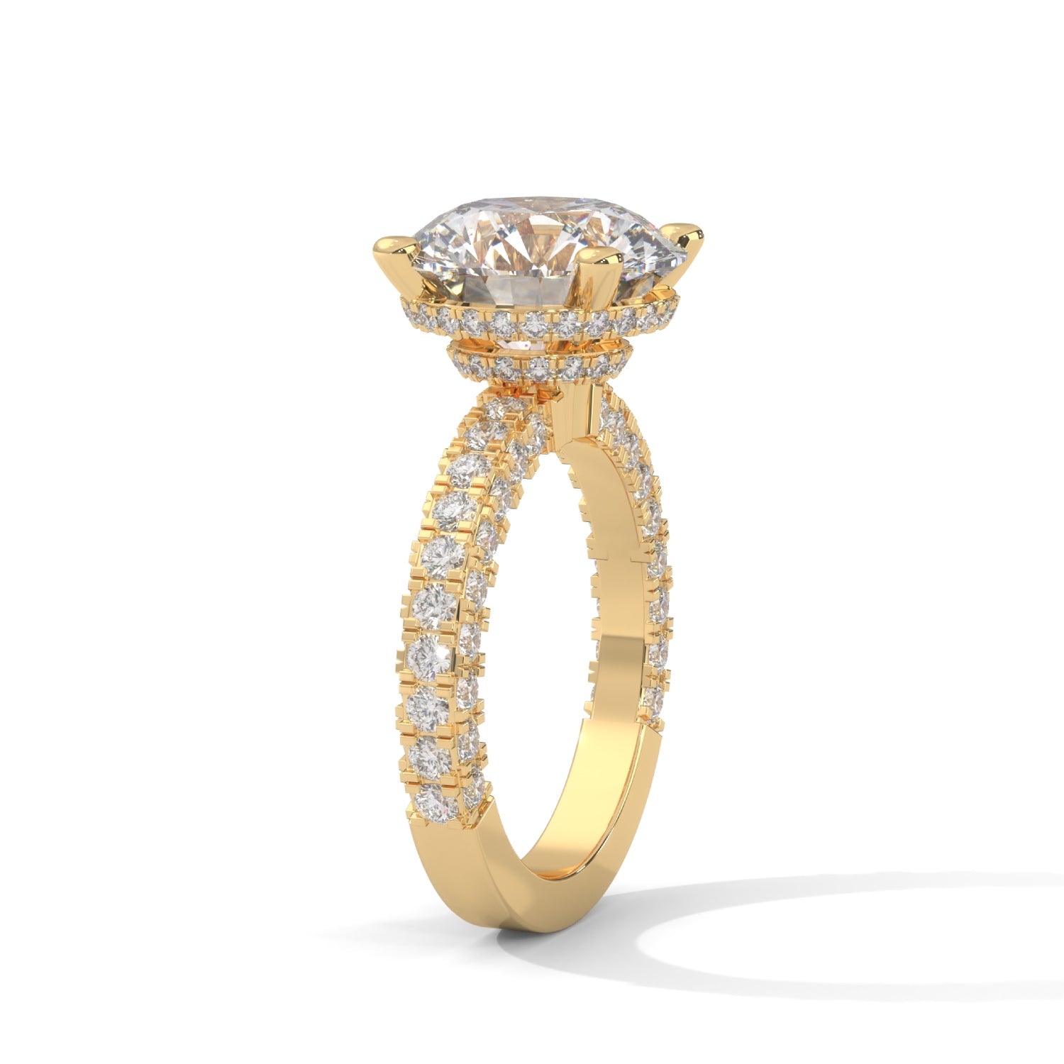 Round Brilliant Cut Lab-Grown Diamond Hidden Halo Pavé Engagement Ring in Yellow Gold