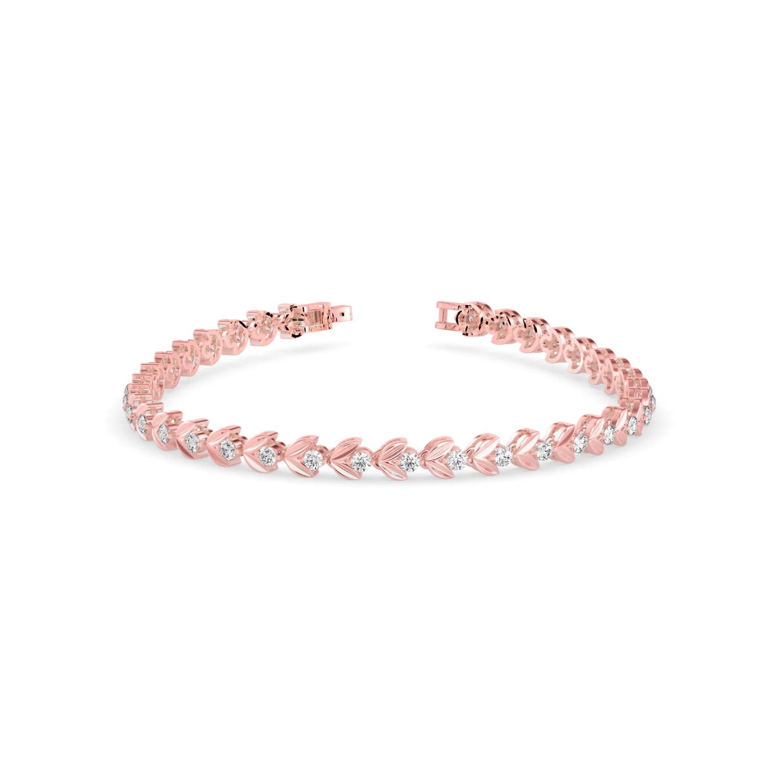 Round Brilliant Cut Lab-Grown Diamond Leaf Motif Tennis Bracelet in Rose Gold