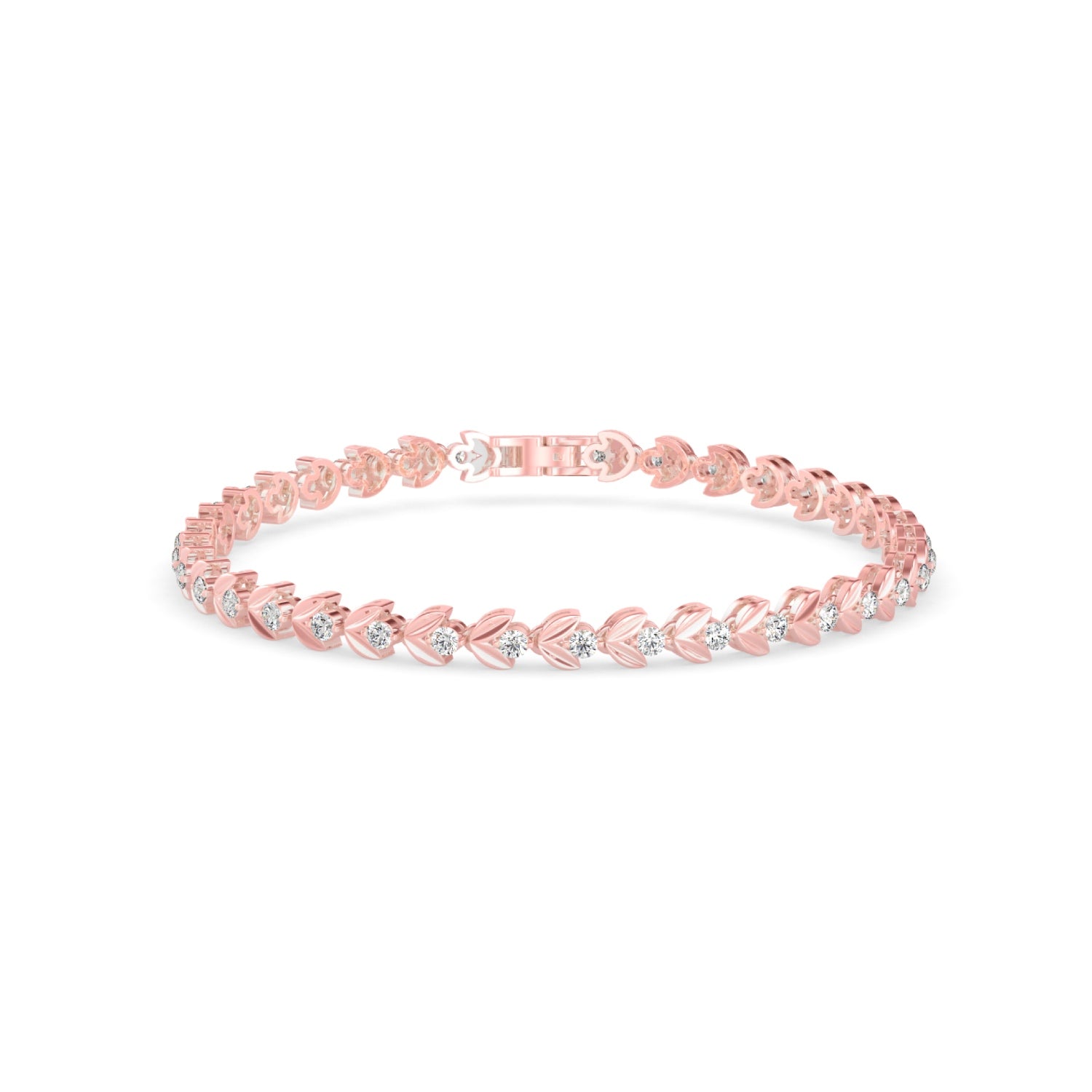 Round Brilliant Cut Lab-Grown Diamond Leaf Motif Tennis Bracelet in Rose Gold