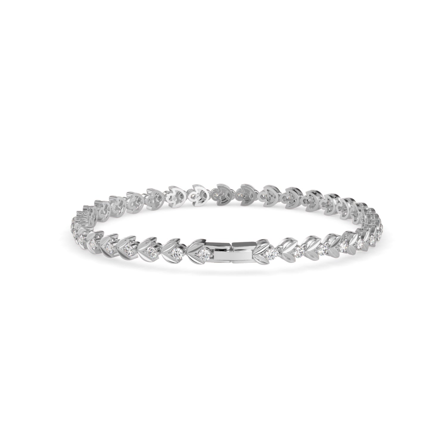 Round Brilliant Cut Lab-Grown Diamond Leaf Motif Tennis Bracelet in White Gold