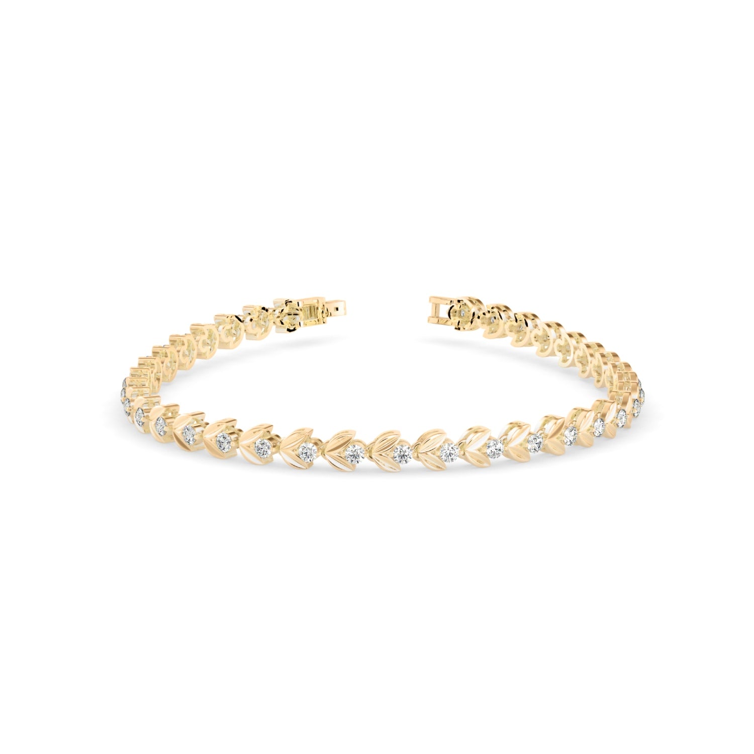 Round Brilliant Cut Lab-Grown Diamond Leaf Motif Tennis Bracelet in Yellow Gold