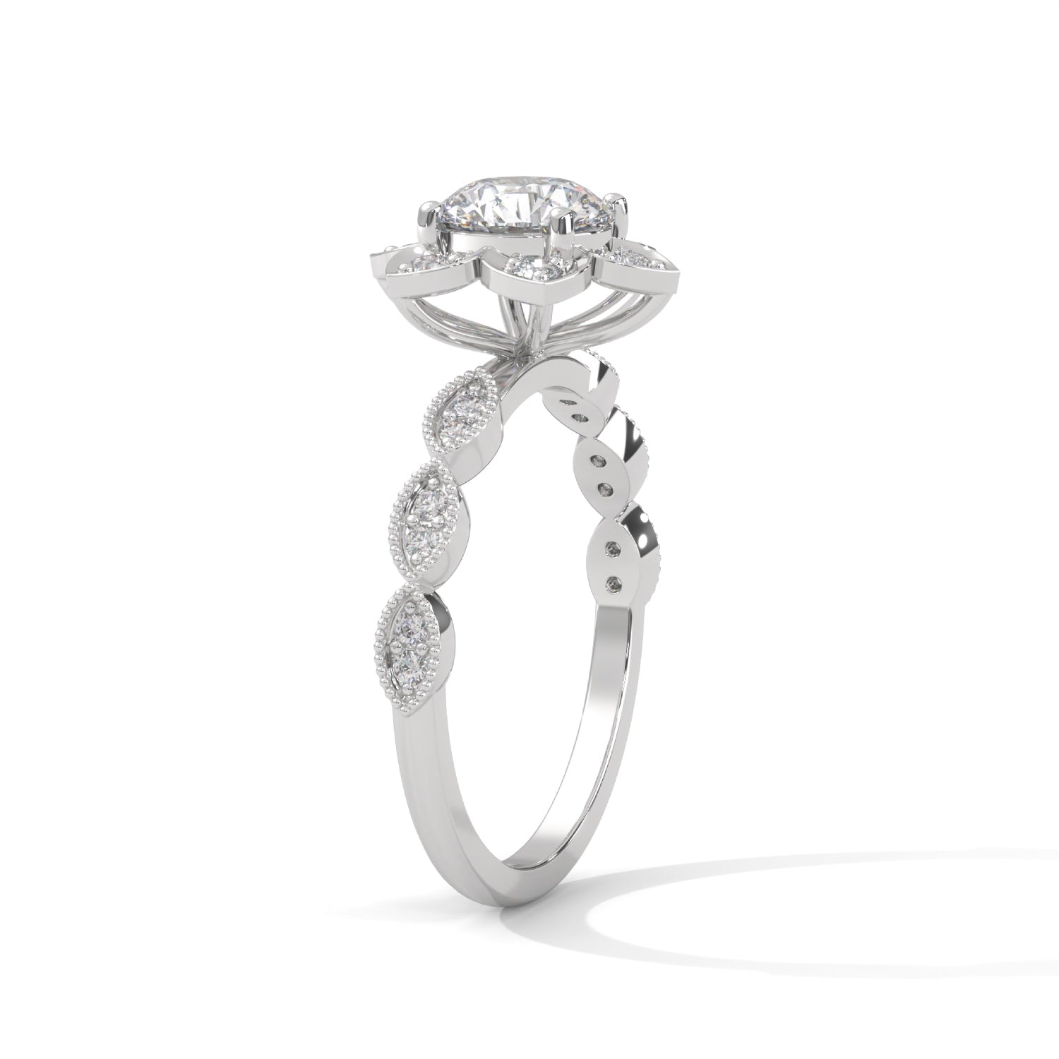 Round Brilliant Cut Lab-Grown Diamond Lotus Flower Engagement Ring in White Gold