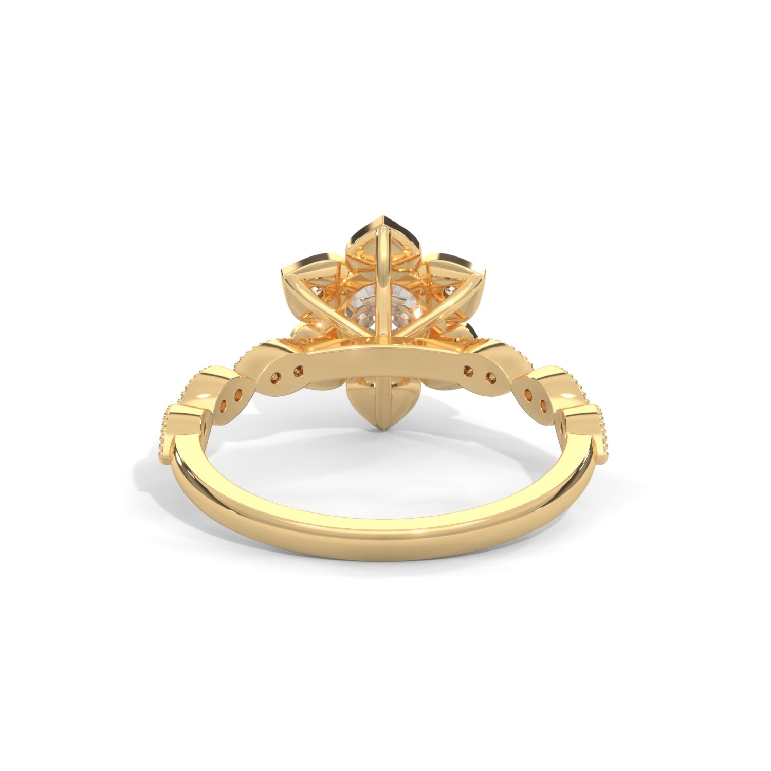 Round Brilliant Cut Lab-Grown Diamond Lotus Flower Engagement Ring in Yellow Gold