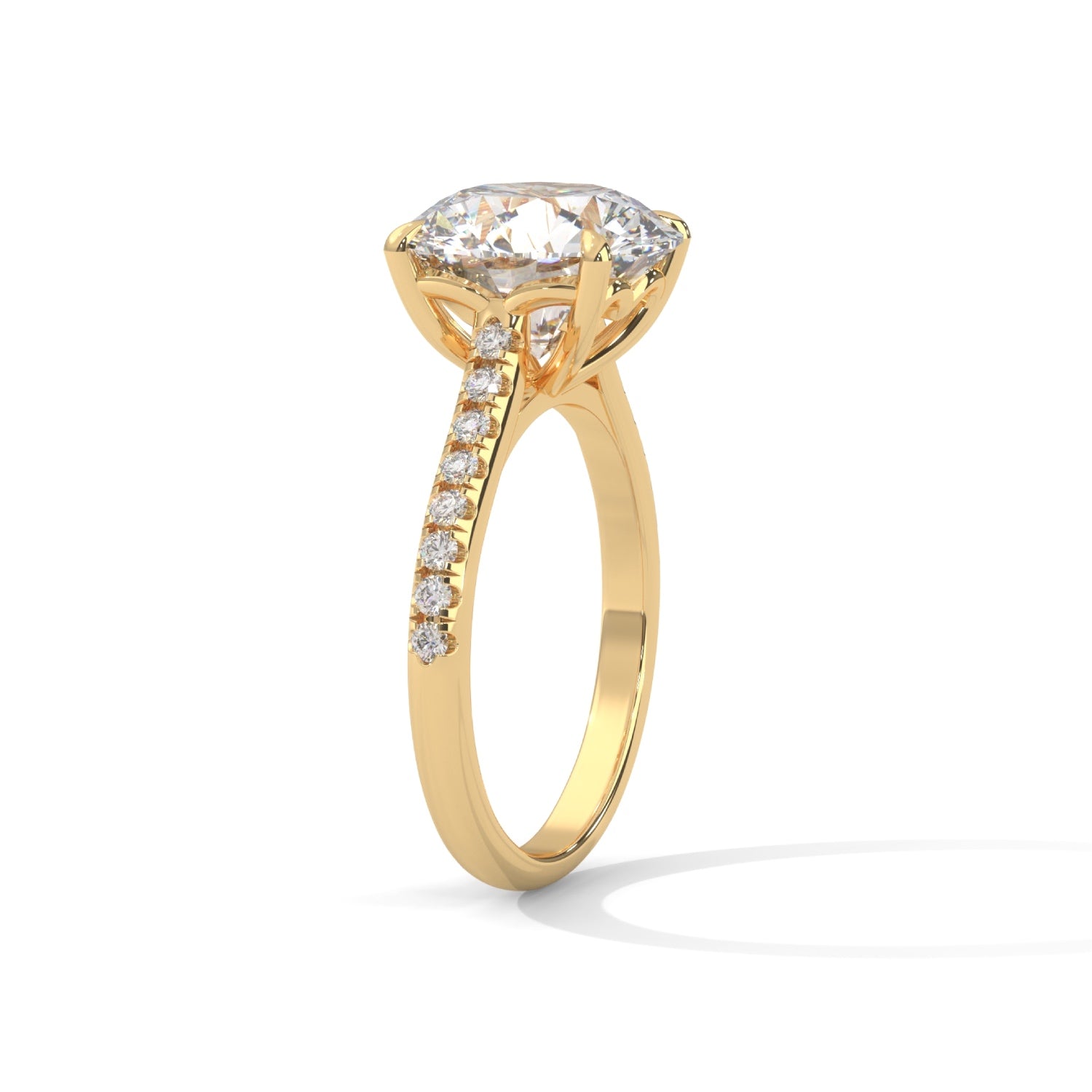 Round Brilliant Cut Lab-Grown Diamond Pavé Engagement Ring in Yellow Gold