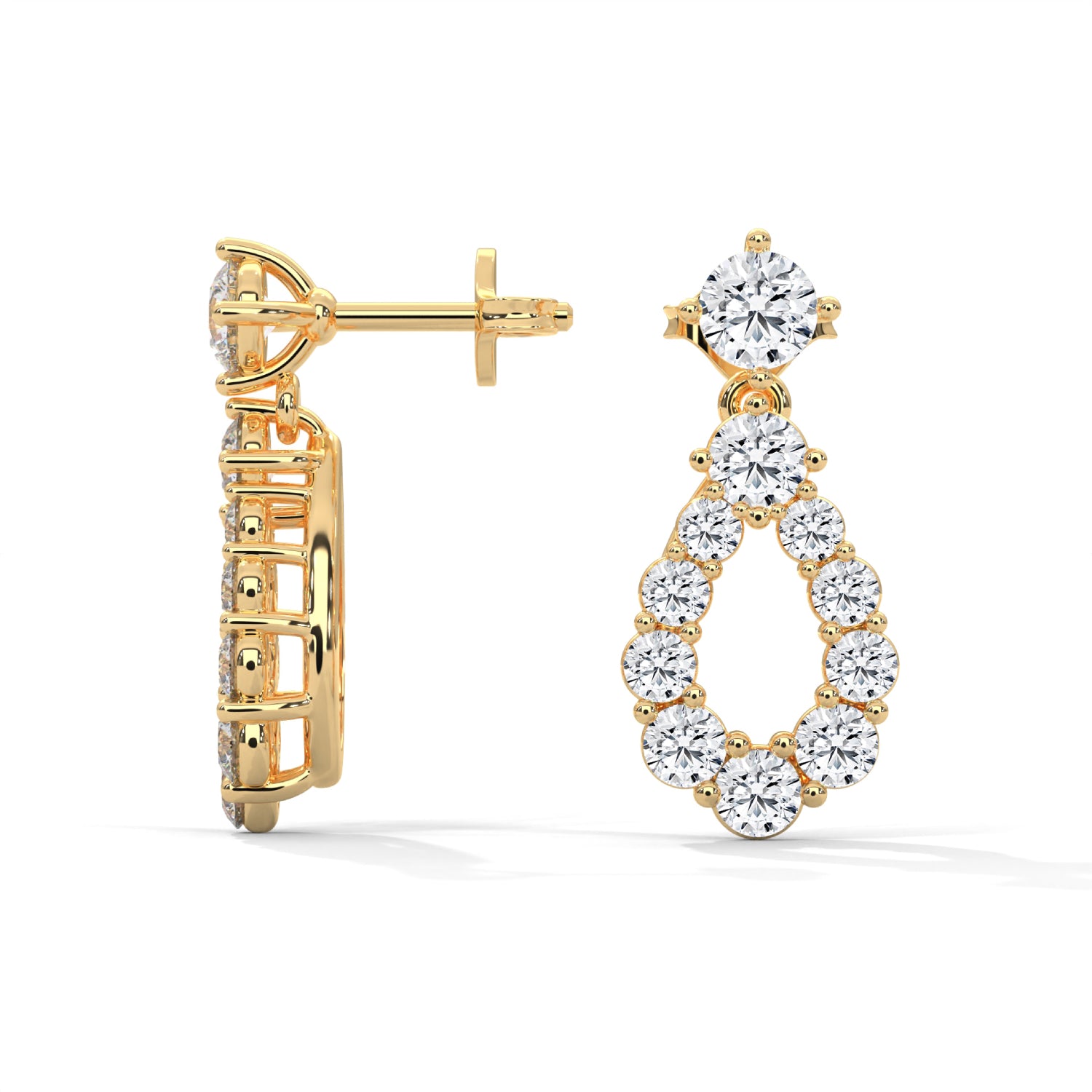 Round Brilliant Cut Lab-Grown Diamond Pear-Shaped Drop Earrings in Yellow Gold