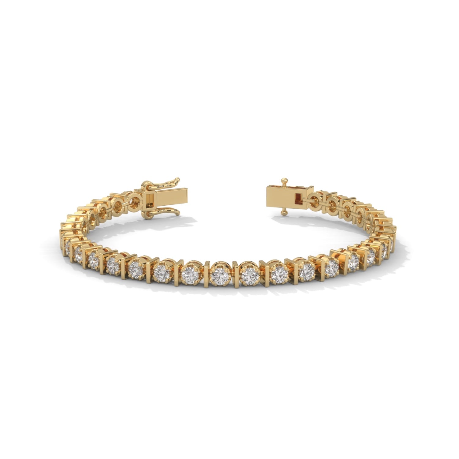 Round Brilliant Cut Lab-Grown Diamond Prong and Bar Tennis Bracelet in Yellow Gold