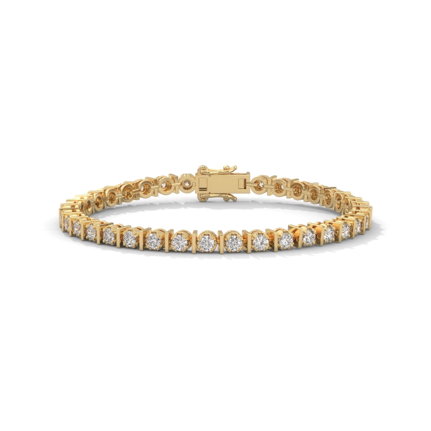 Round Brilliant Cut Lab-Grown Diamond Prong and Bar Tennis Bracelet in Yellow Gold