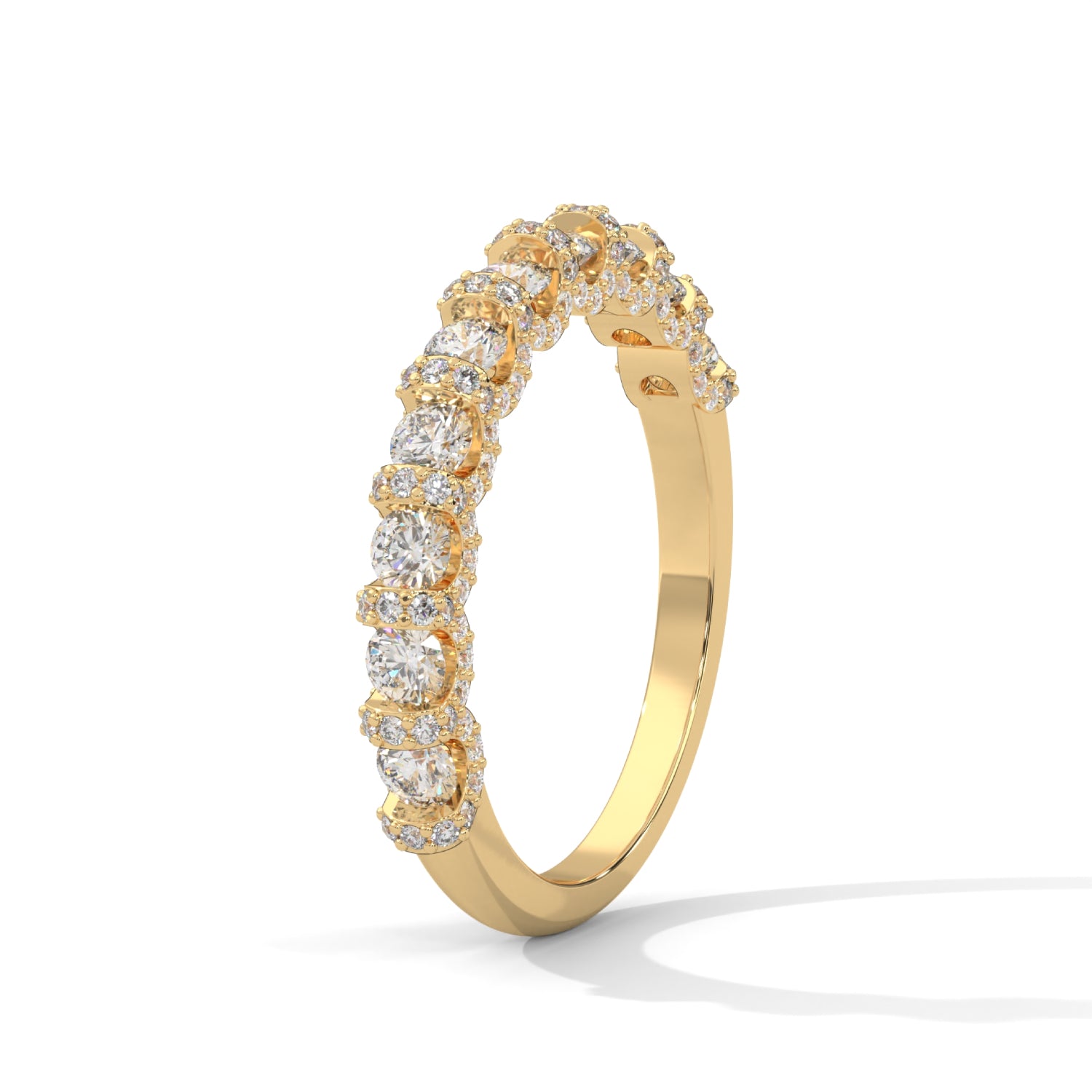 Round Brilliant Cut Lab-Grown Diamond U-Prong Pavé Half-Eternity Ring in Yellow Gold