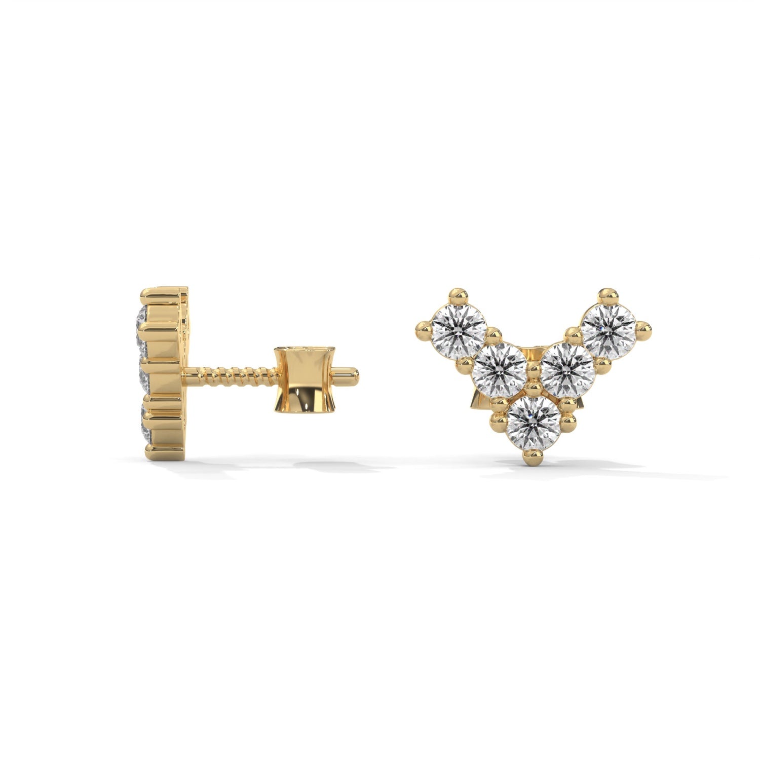 Round Brilliant Cut Lab-Grown Diamond V-Shape Stud Earrings in Yellow Gold