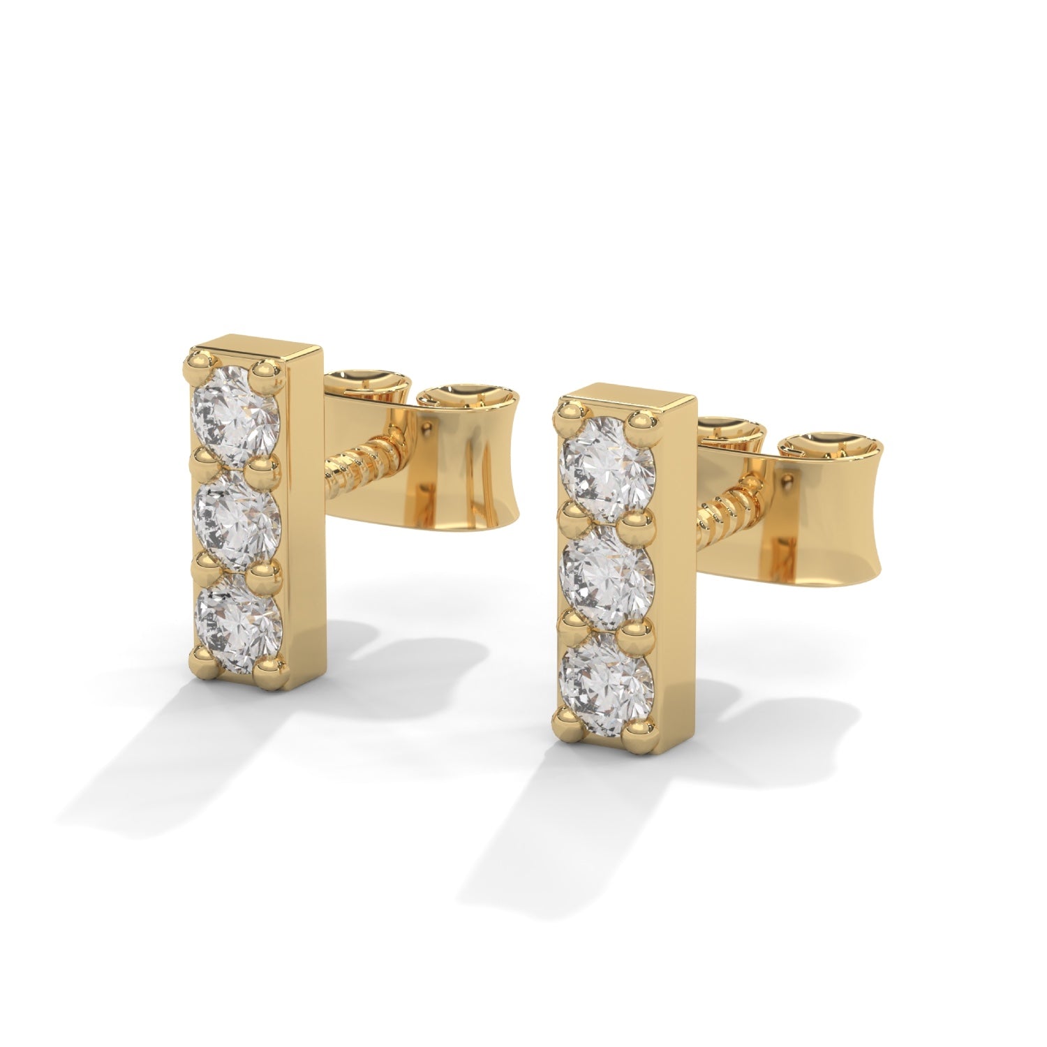 Round Brilliant Cut Lab-Grown Diamond Vertical Bar Stud Earrings in Yellow Gold