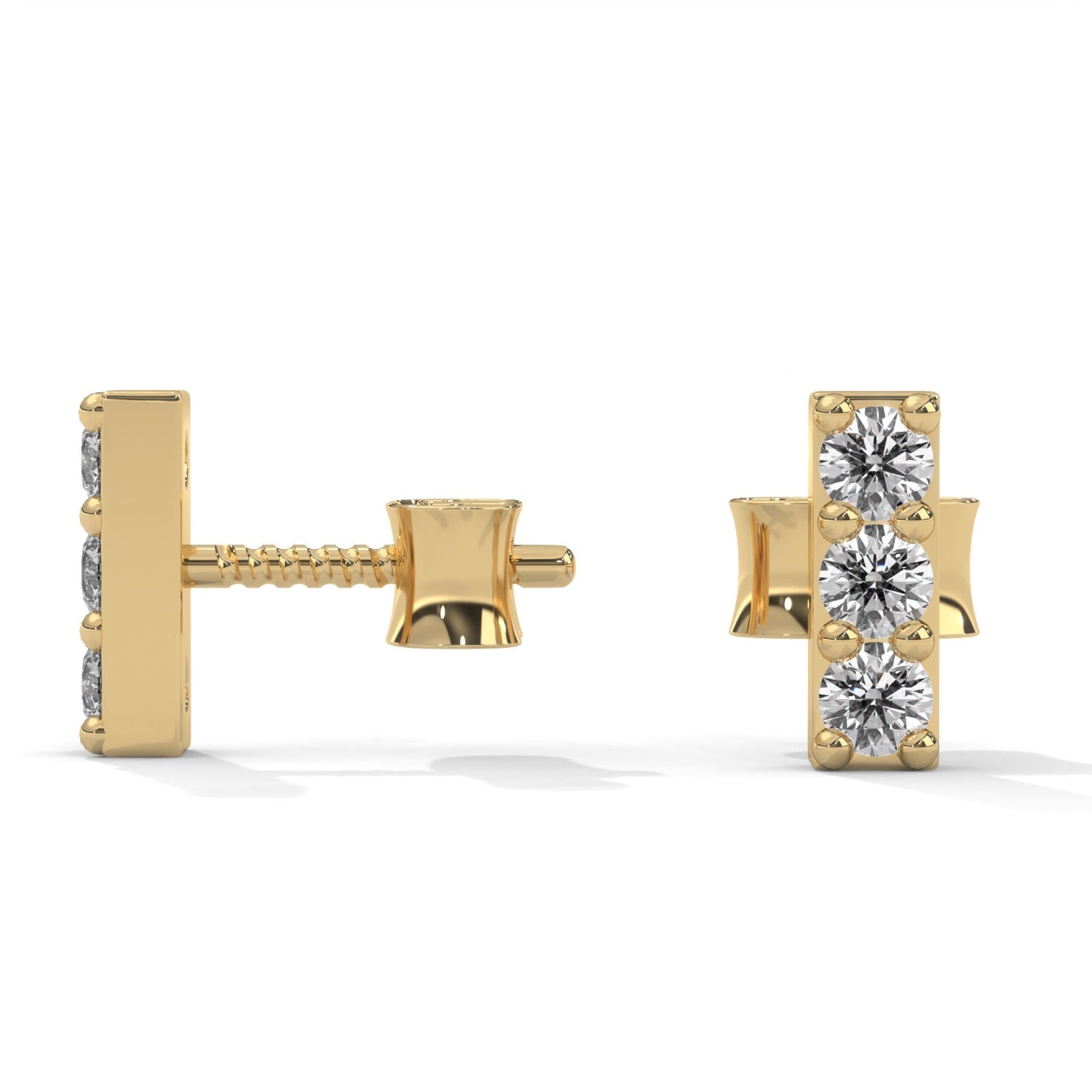 Round Brilliant Cut Lab-Grown Diamond Vertical Bar Stud Earrings in Yellow Gold