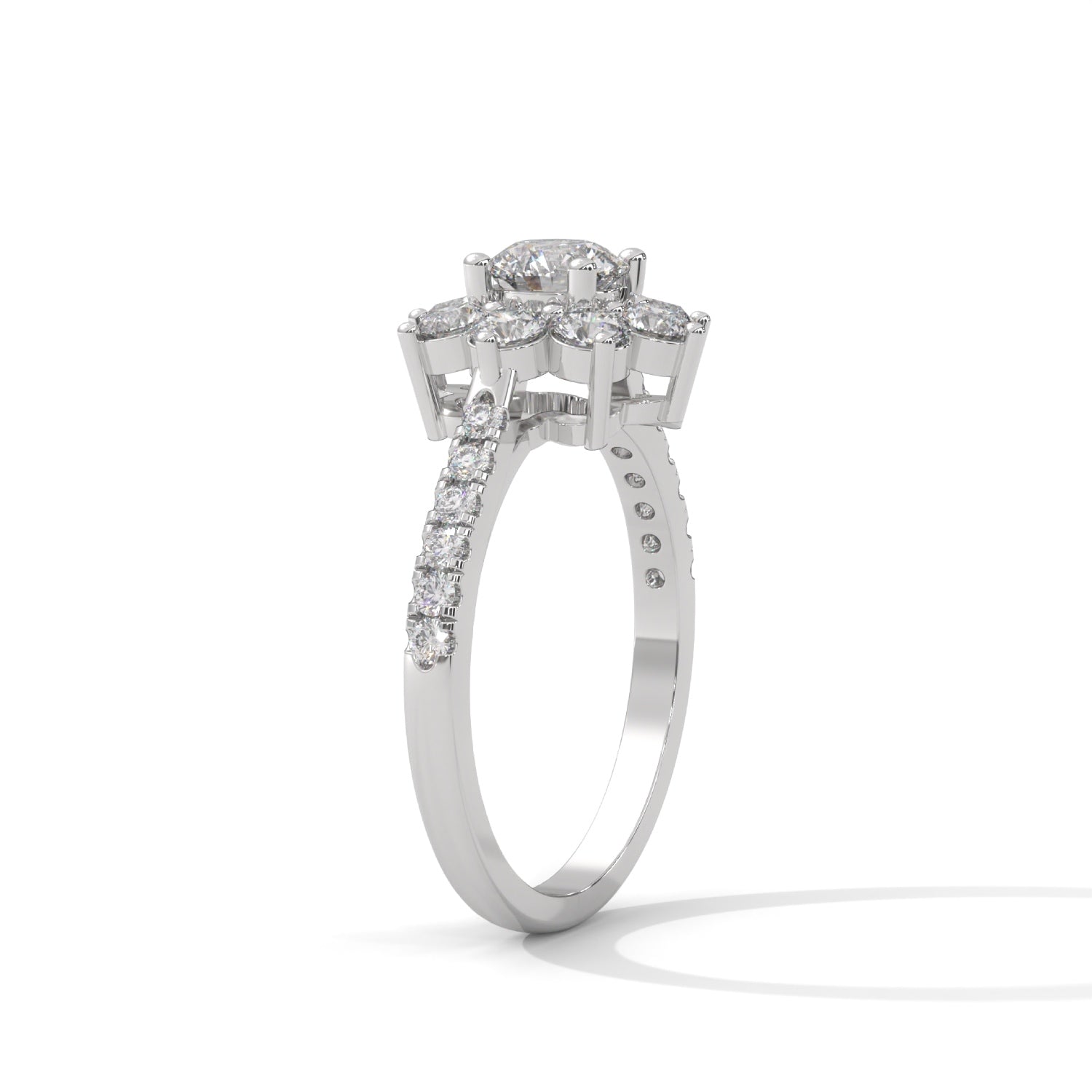 Round Brilliant Cut Lab-Grown Diamond Floral Halo Engagement Ring in White Gold