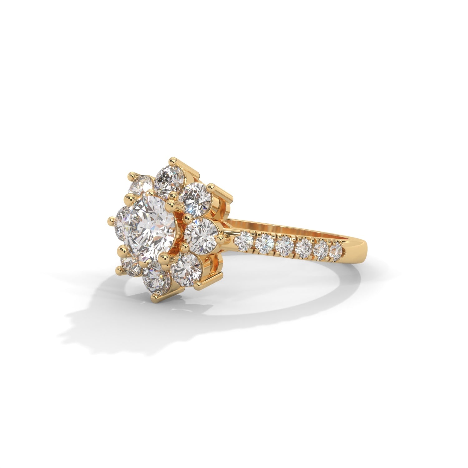Round Brilliant Cut Lab-Grown Diamond Floral Halo Engagement Ring in Yellow Gold