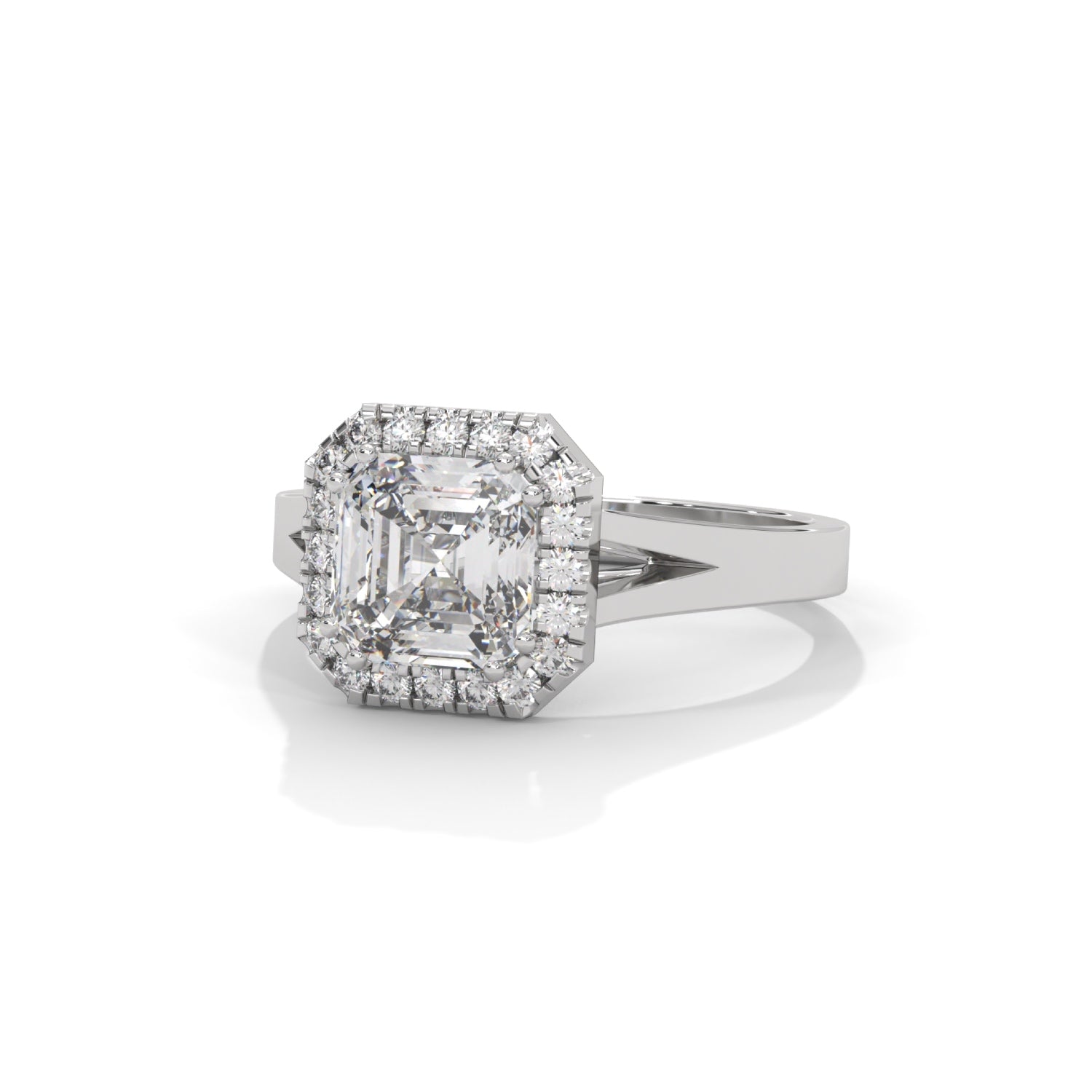 Asscher Cut Lab-Grown Diamond Halo Split Shank Engagement Ring in White Gold