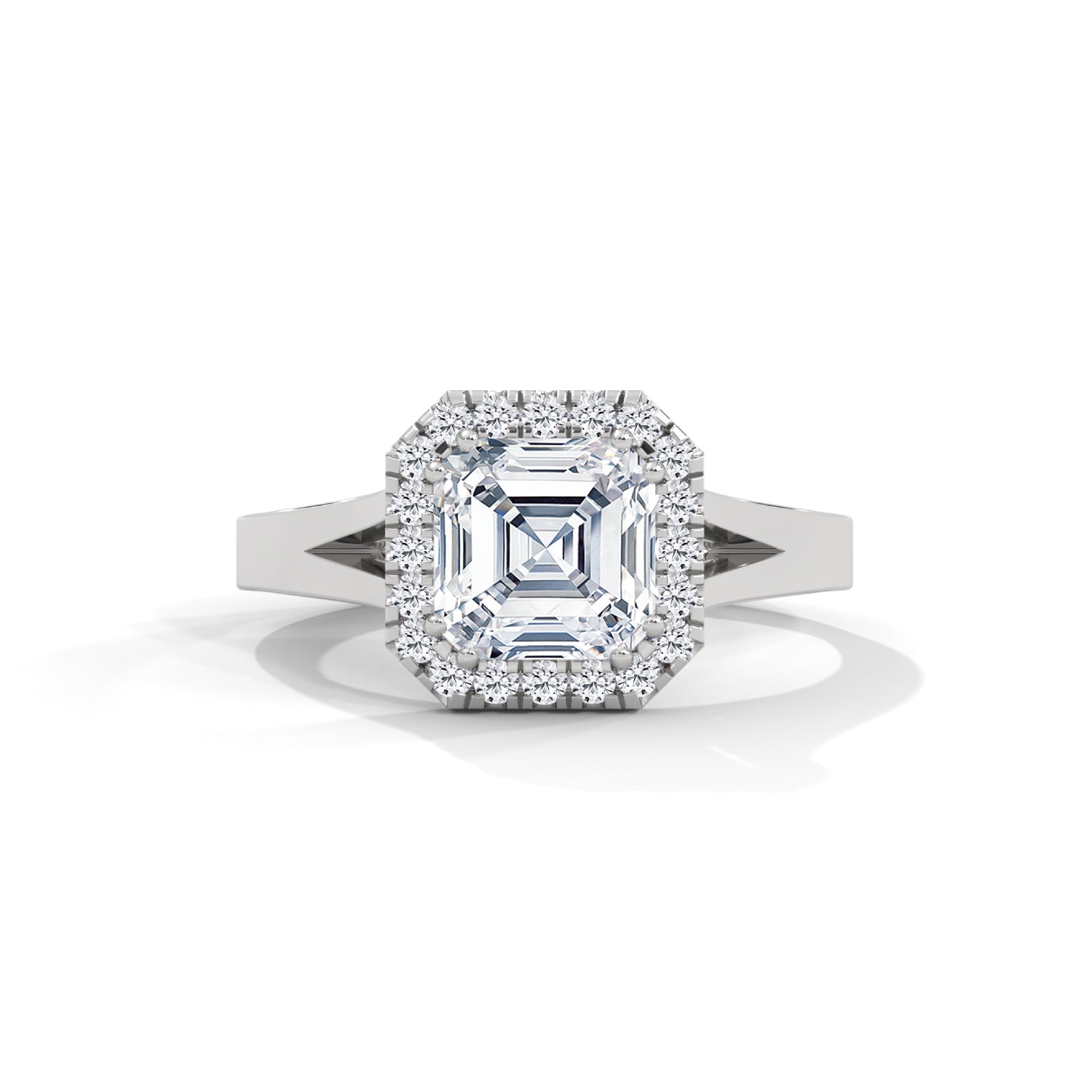 Asscher Cut Lab-Grown Diamond Halo Split Shank Engagement Ring in White Gold