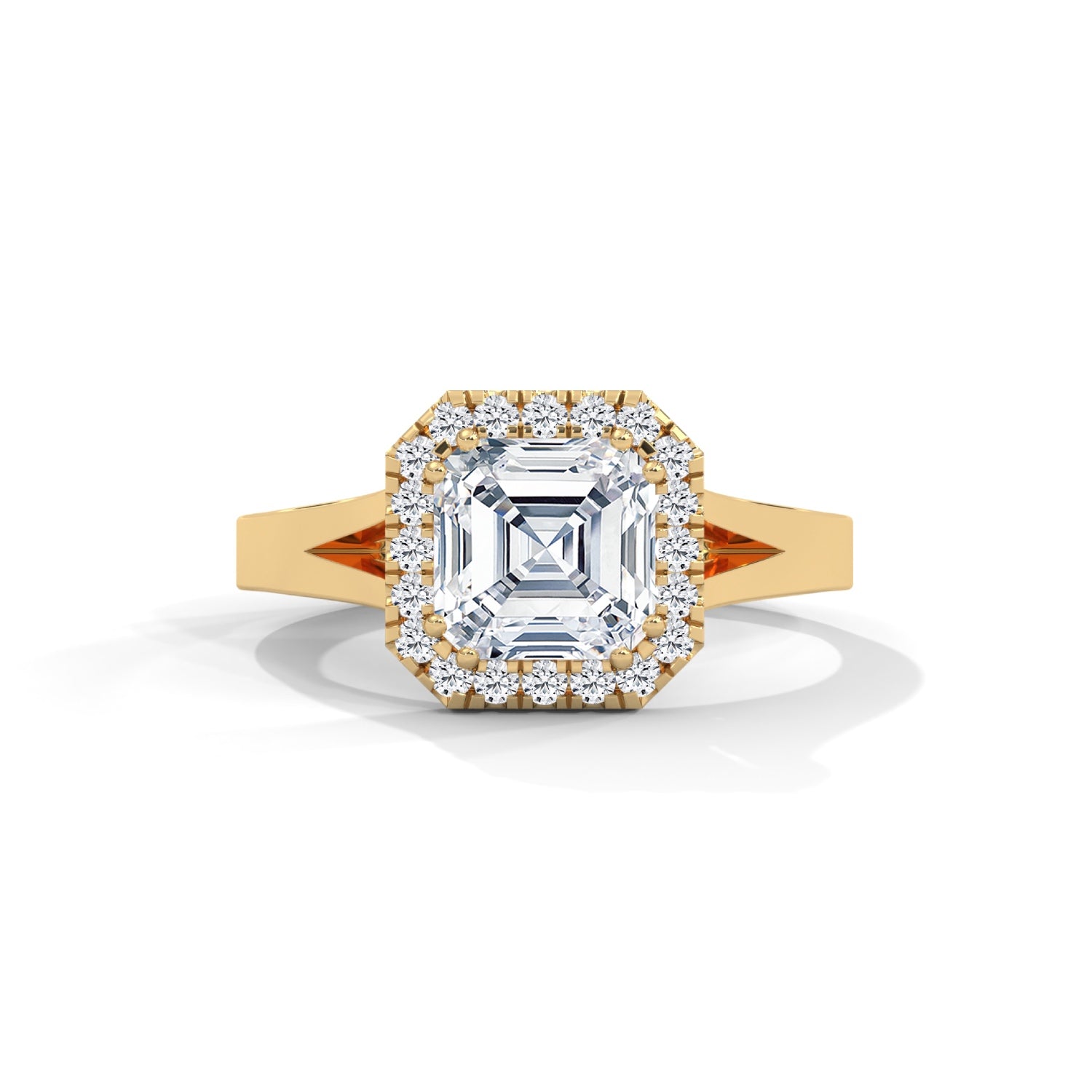 Asscher Cut Lab-Grown Diamond Halo Split Shank Engagement Ring in Yellow Gold