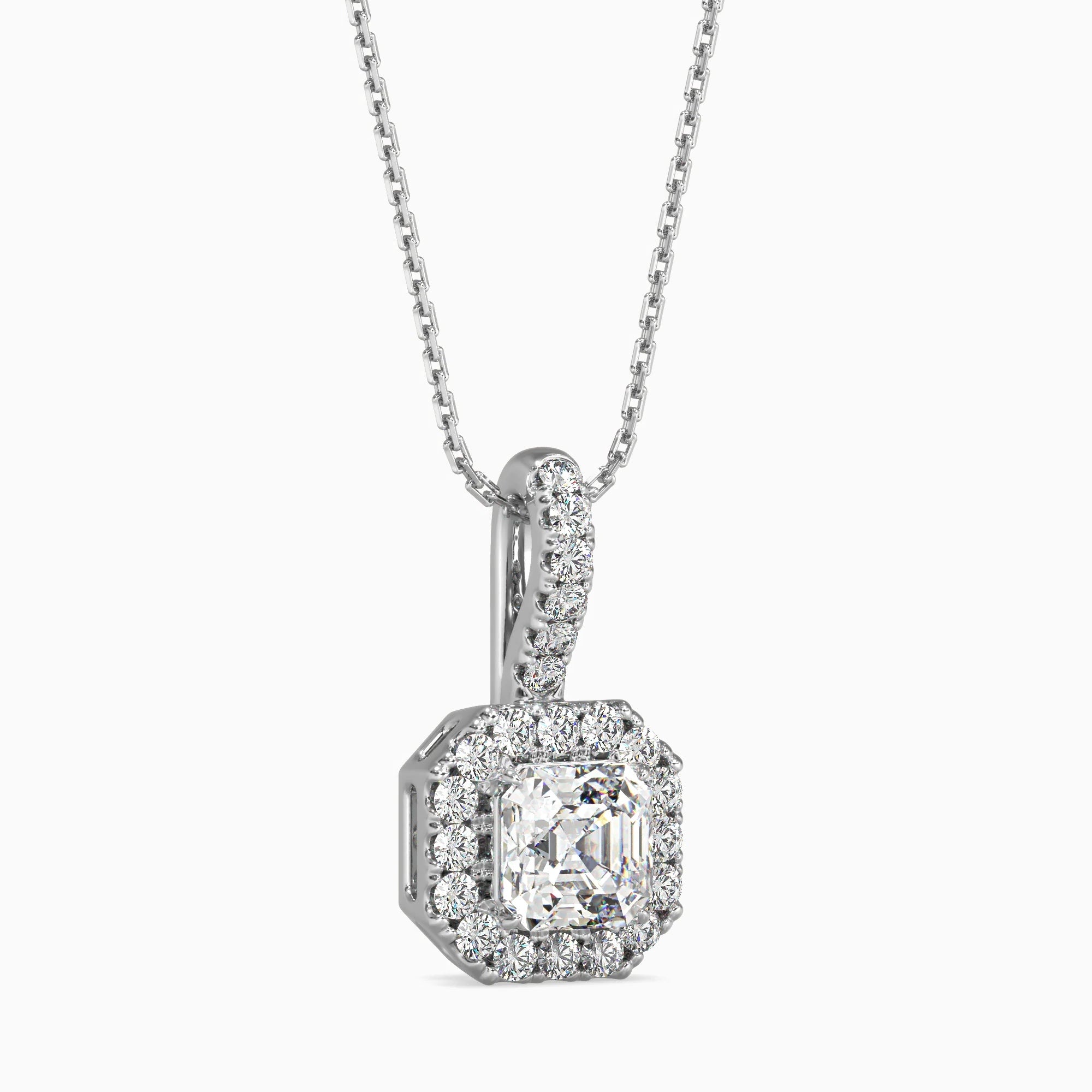 Asscher Cut Lab-Grown Diamond Halo Pendant in White Gold