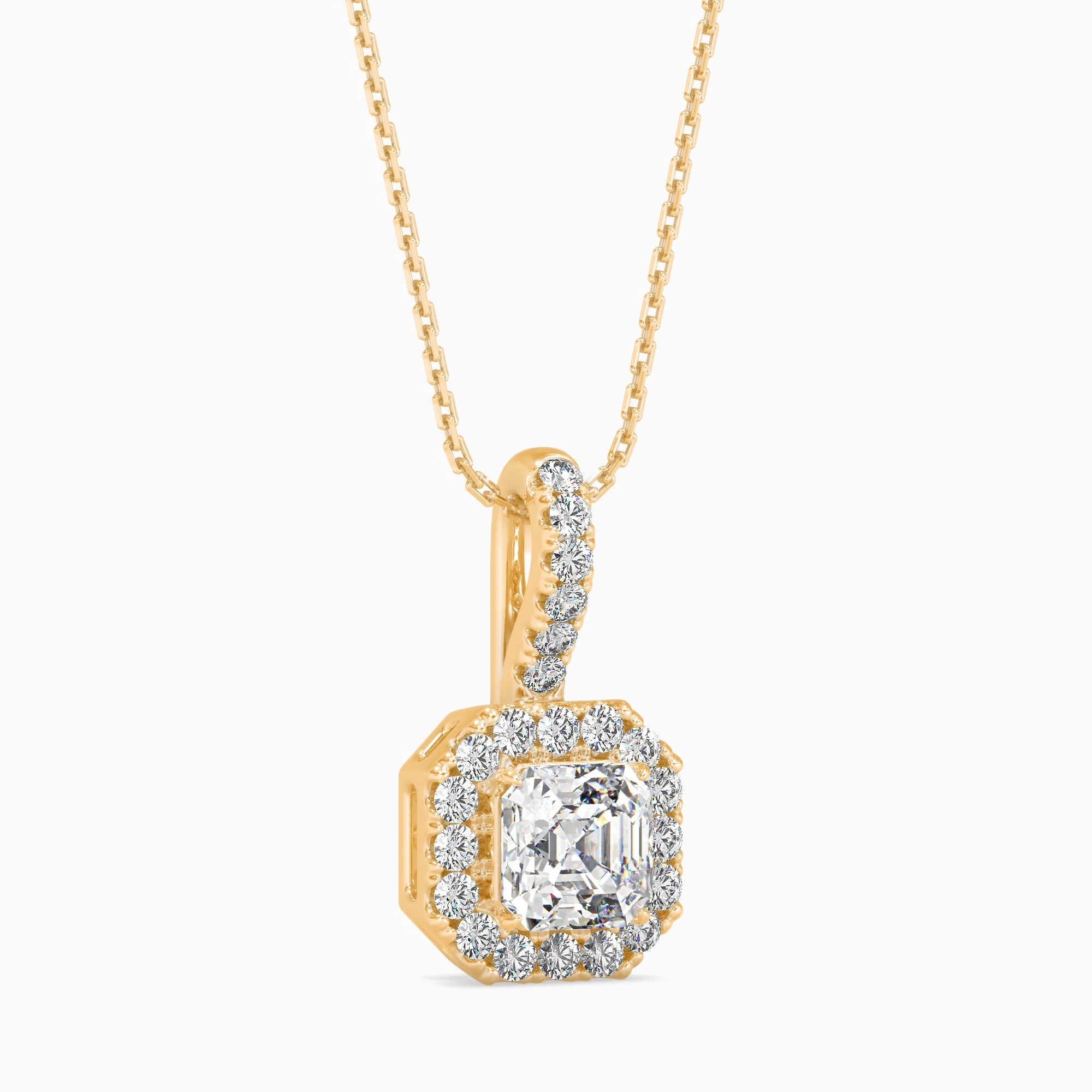 Asscher Cut Lab-Grown Diamond Halo Pendant in Yellow Gold