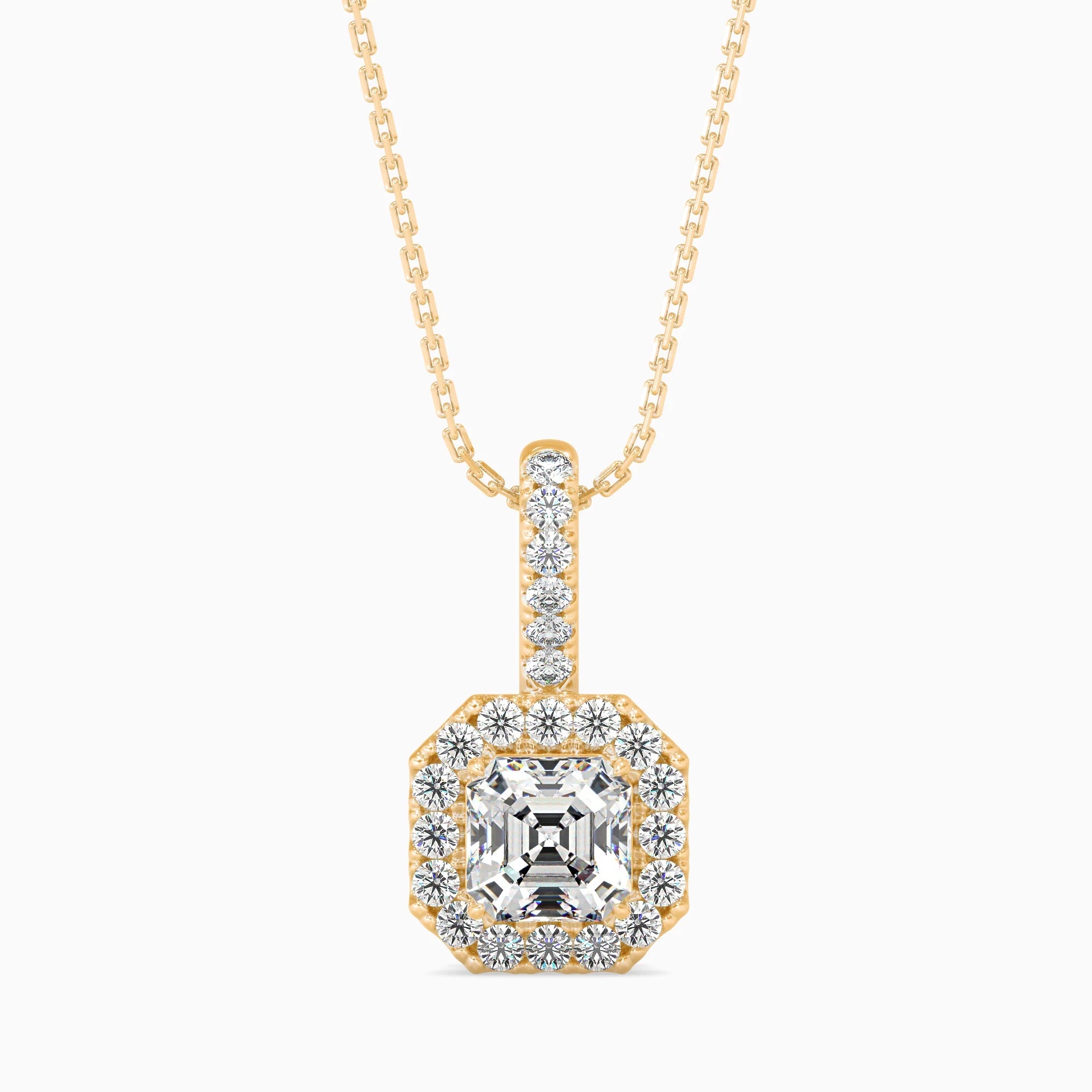 Asscher Cut Lab-Grown Diamond Halo Pendant in Yellow Gold