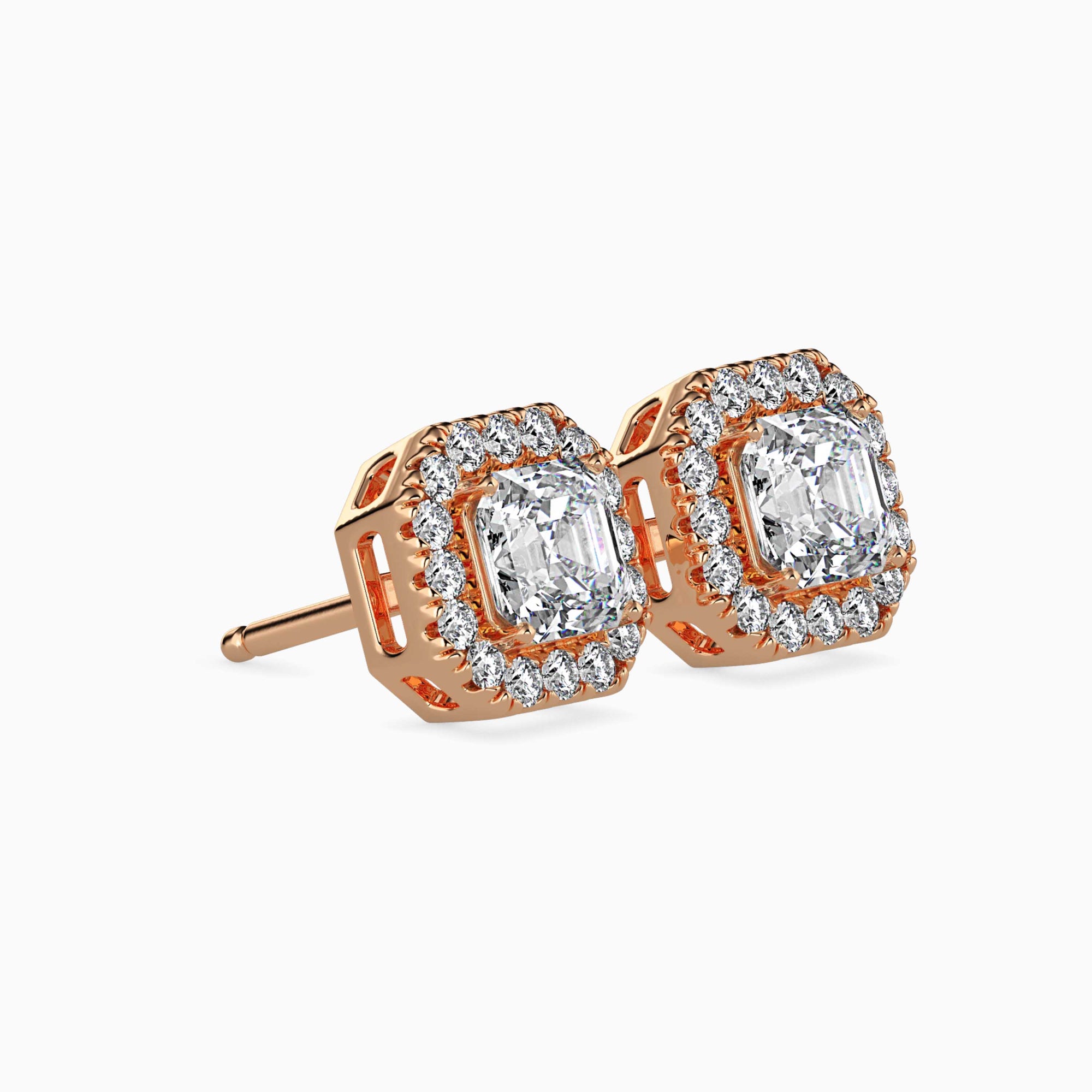 Asscher Cut Lab-Grown Diamond Halo Stud Earrings in Rose Gold