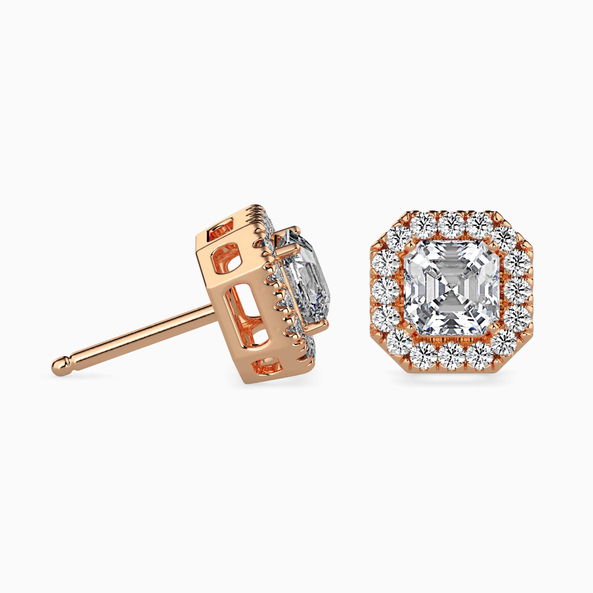 Asscher Cut Lab-Grown Diamond Halo Stud Earrings in Rose Gold
