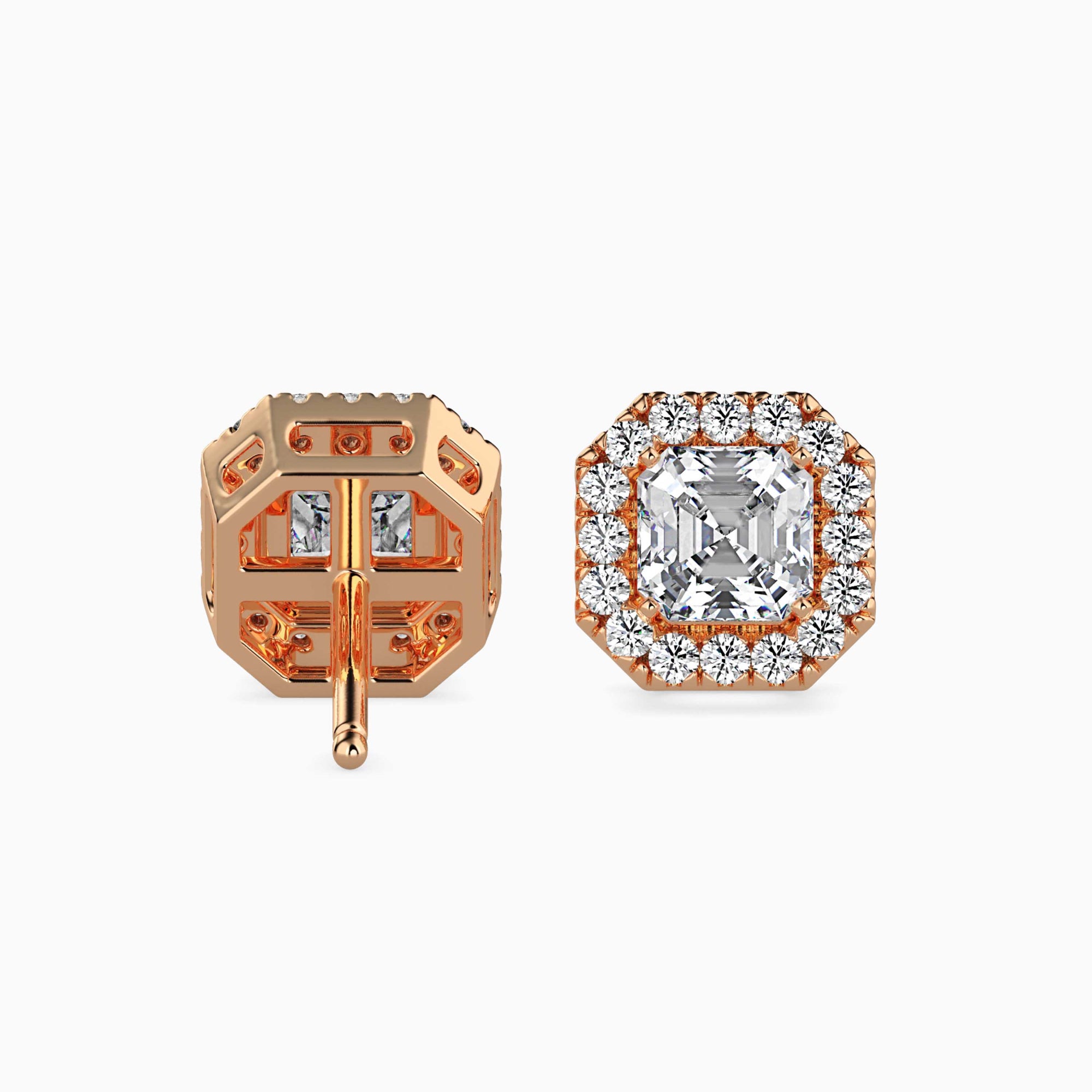 Asscher Cut Lab-Grown Diamond Halo Stud Earrings in Rose Gold
