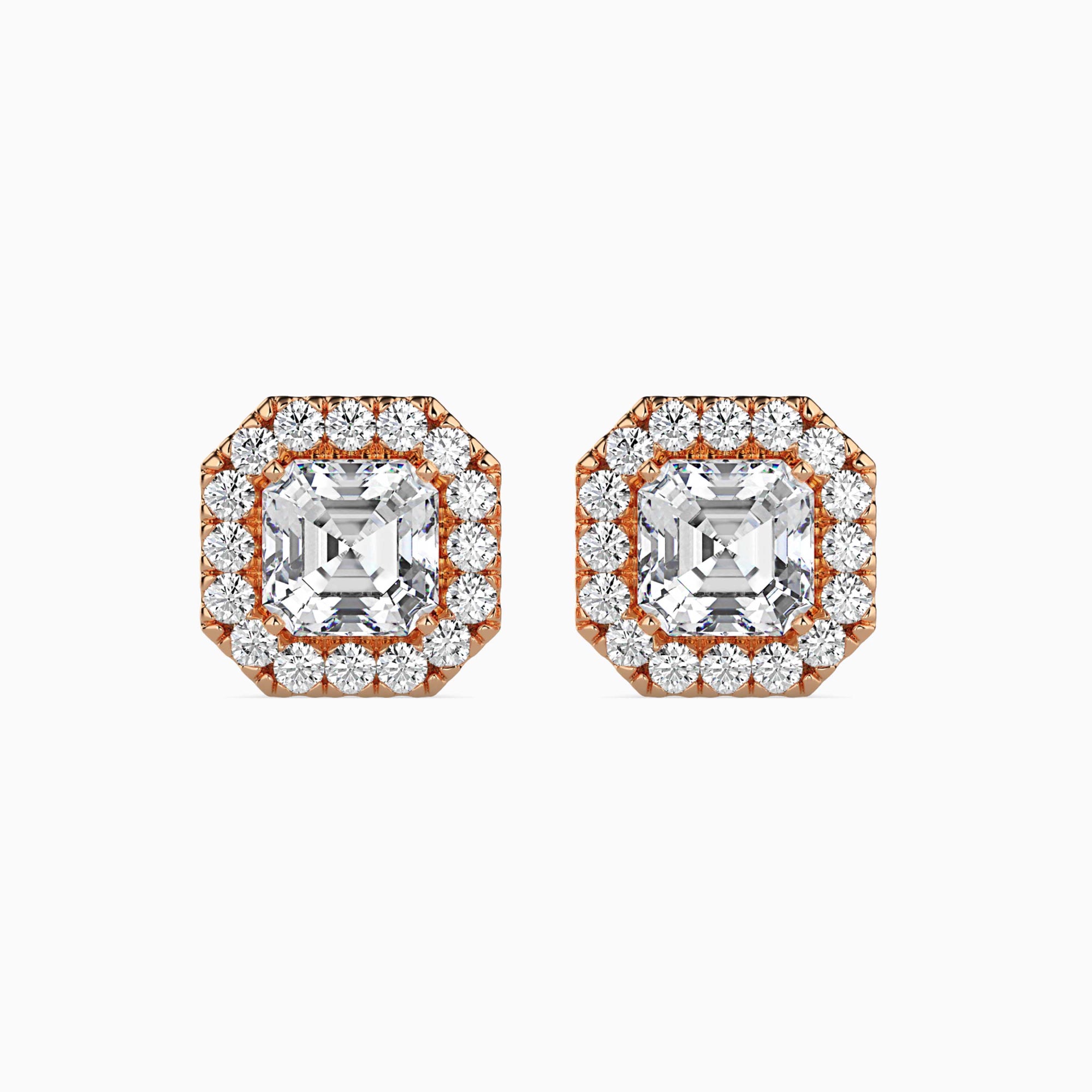 Asscher Cut Lab-Grown Diamond Halo Stud Earrings in Rose Gold