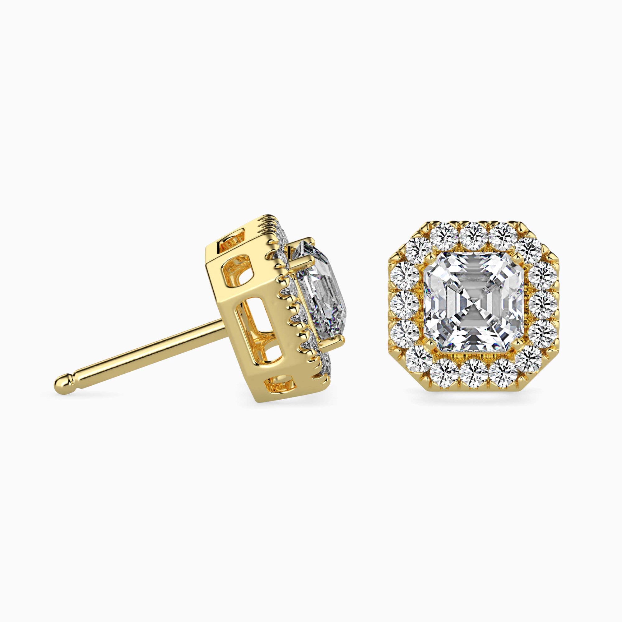 Asscher Cut Lab-Grown Diamond Halo Stud Earrings in Yellow Gold