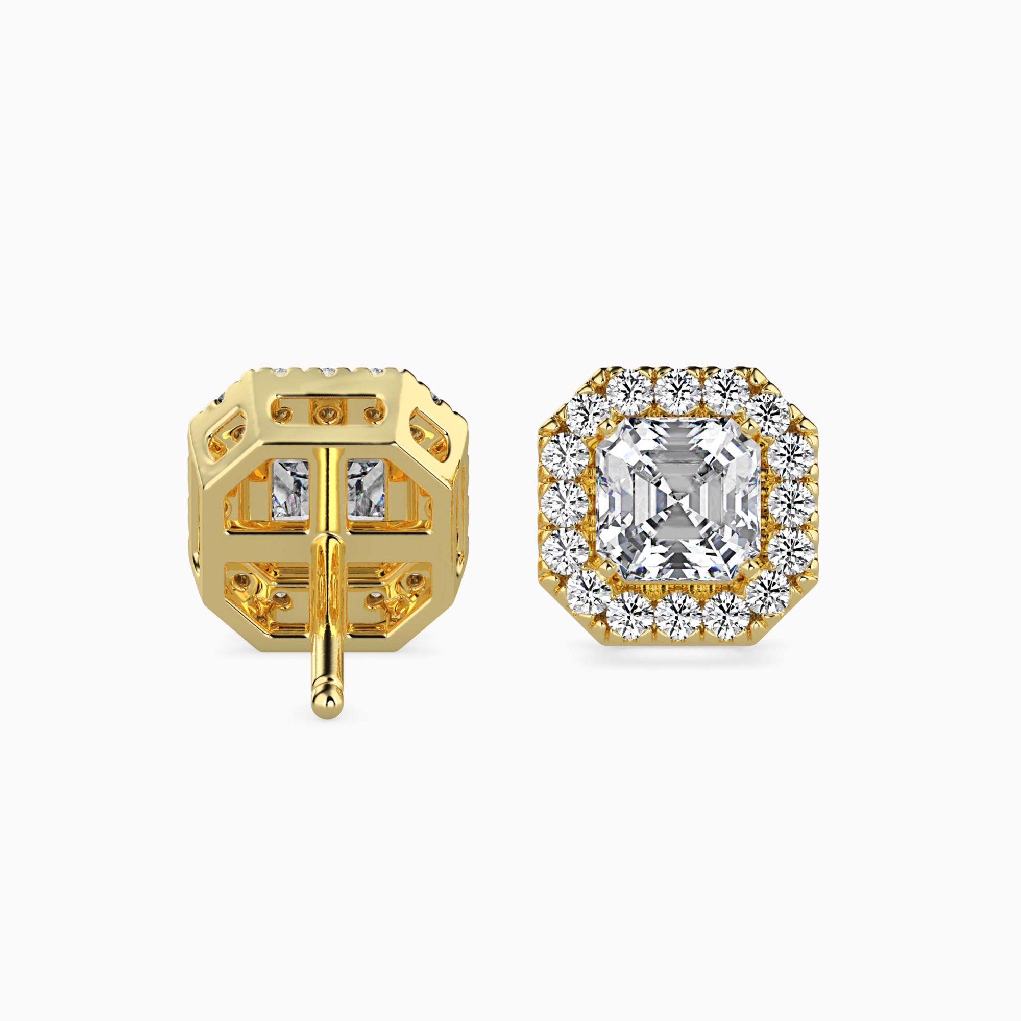 Asscher Cut Lab-Grown Diamond Halo Stud Earrings in Yellow Gold