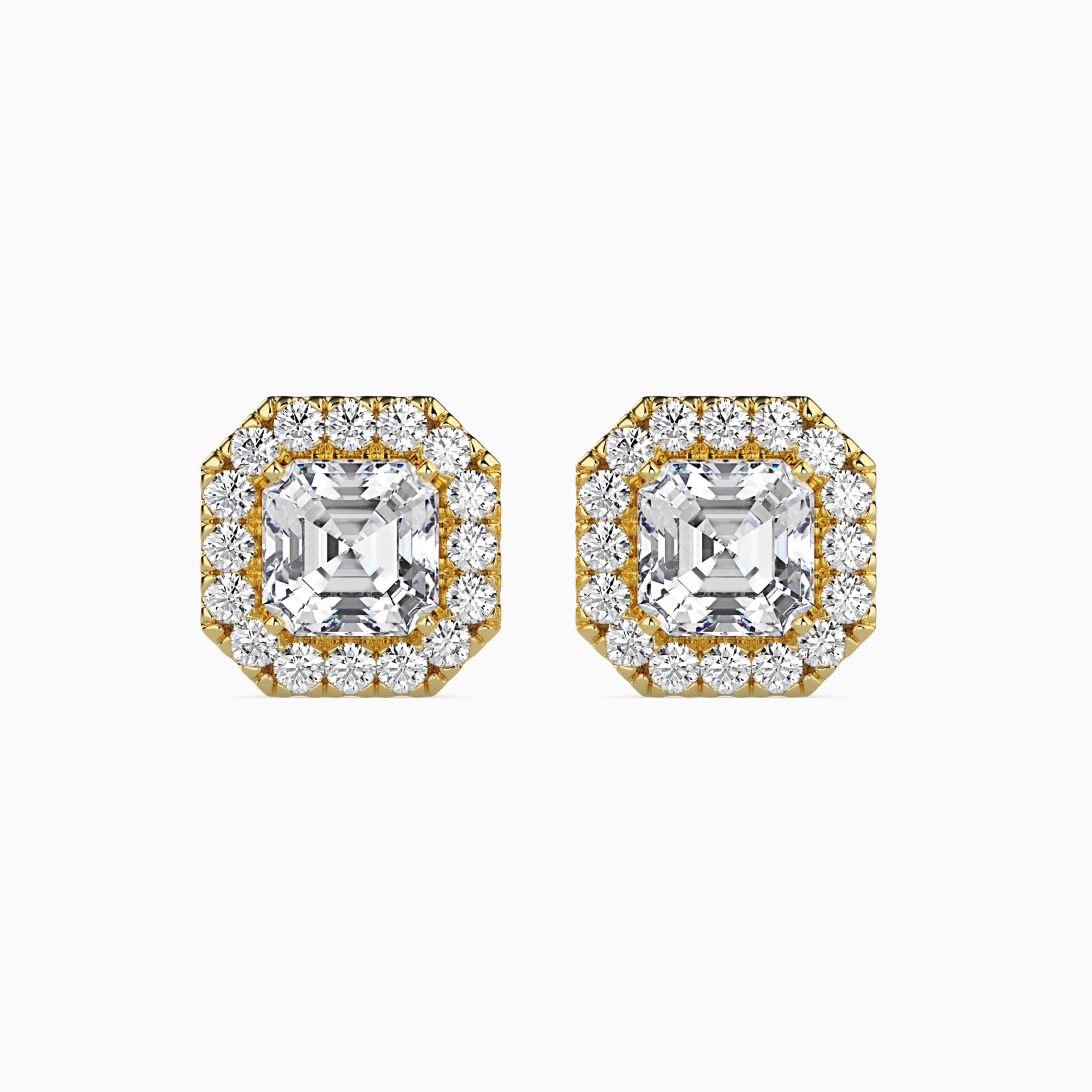 Asscher Cut Lab-Grown Diamond Halo Stud Earrings in Yellow Gold