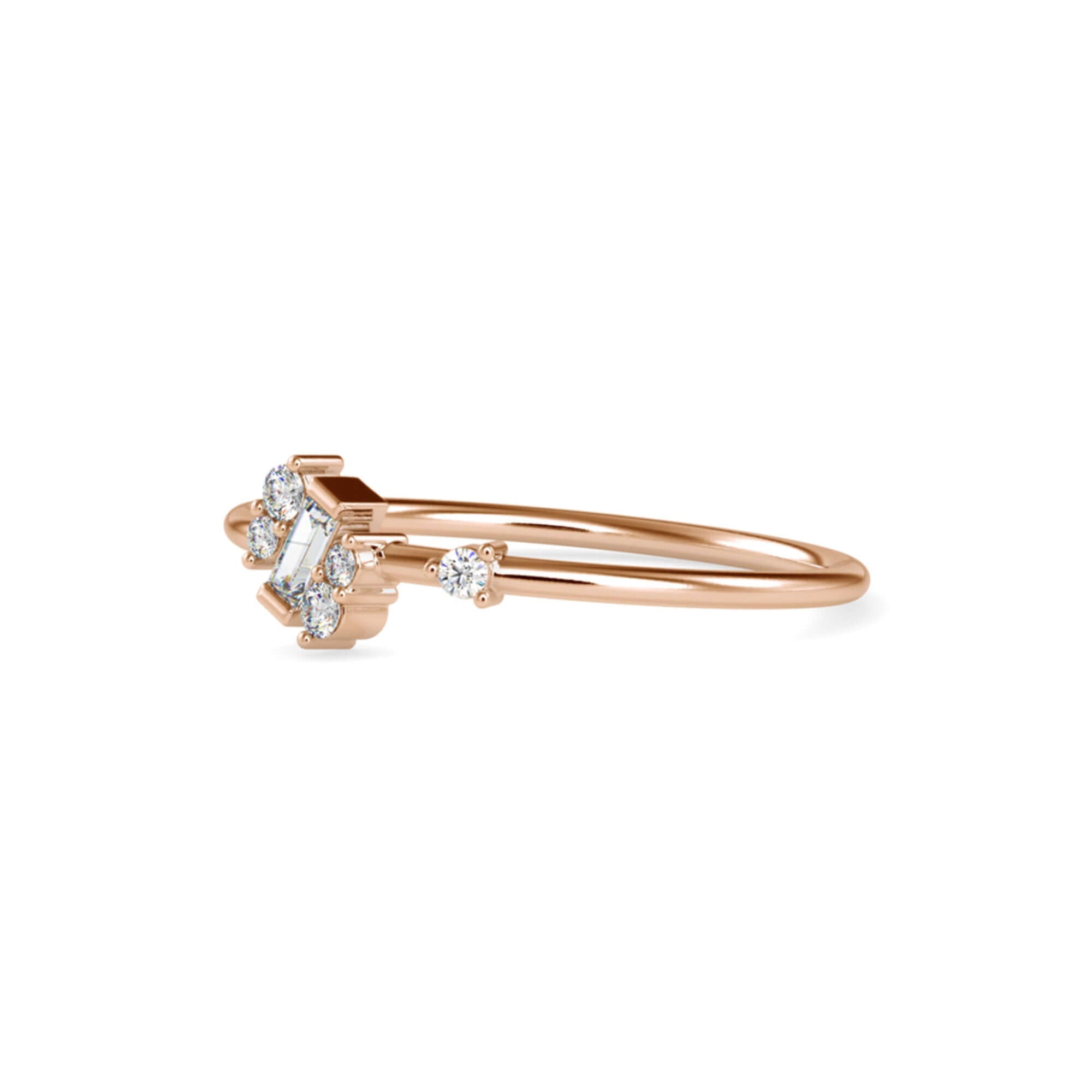 Baguette and Round Brilliant Cut Lab-Grown Diamond Asymmetrical Stackable Ring in Rose Gold