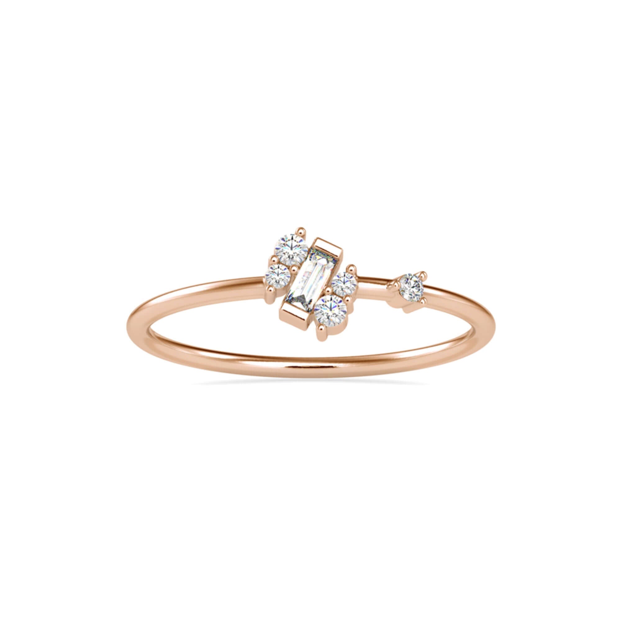 Baguette and Round Brilliant Cut Lab-Grown Diamond Asymmetrical Stackable Ring in Rose Gold