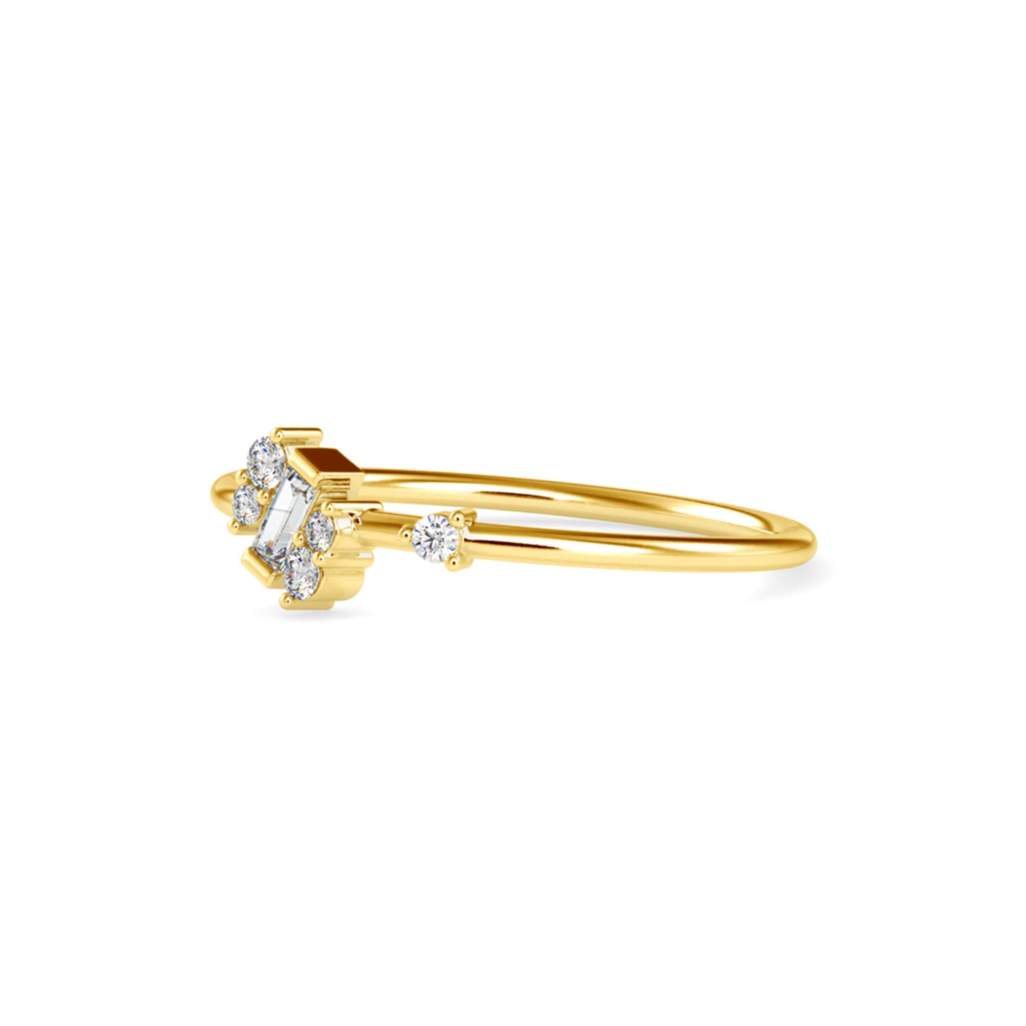 Baguette and Round Brilliant Cut Lab-Grown Diamond Asymmetrical Stackable Ring in Yellow Gold